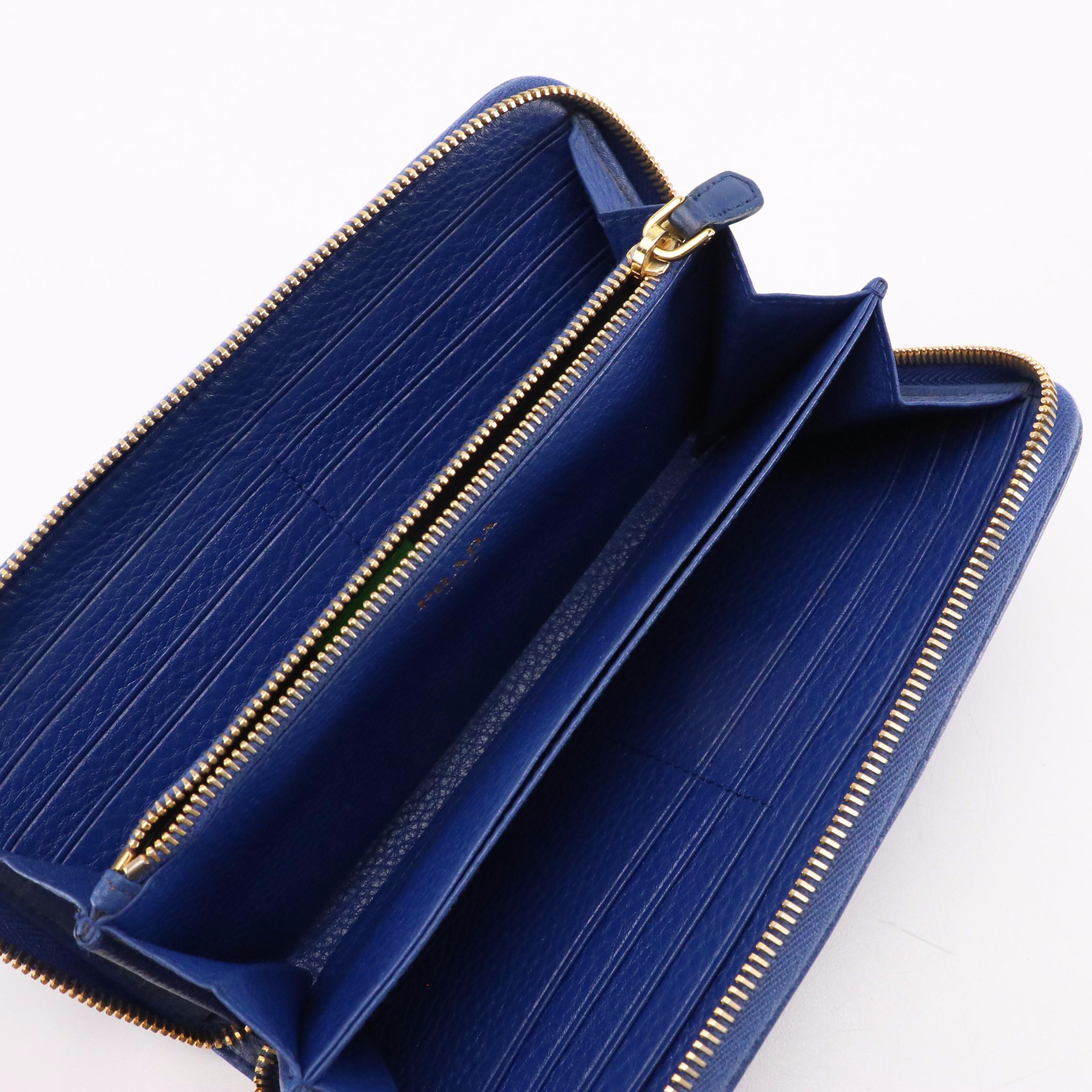 Prada Zip-Around Wallet in Blue Grained Leather with Box