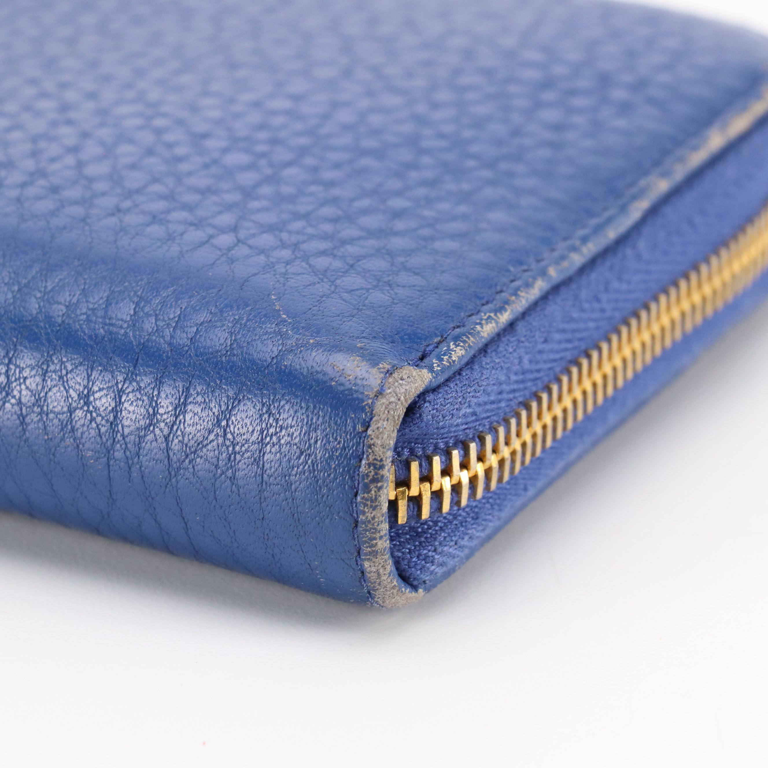 Prada Zip-Around Wallet in Blue Grained Leather with Box