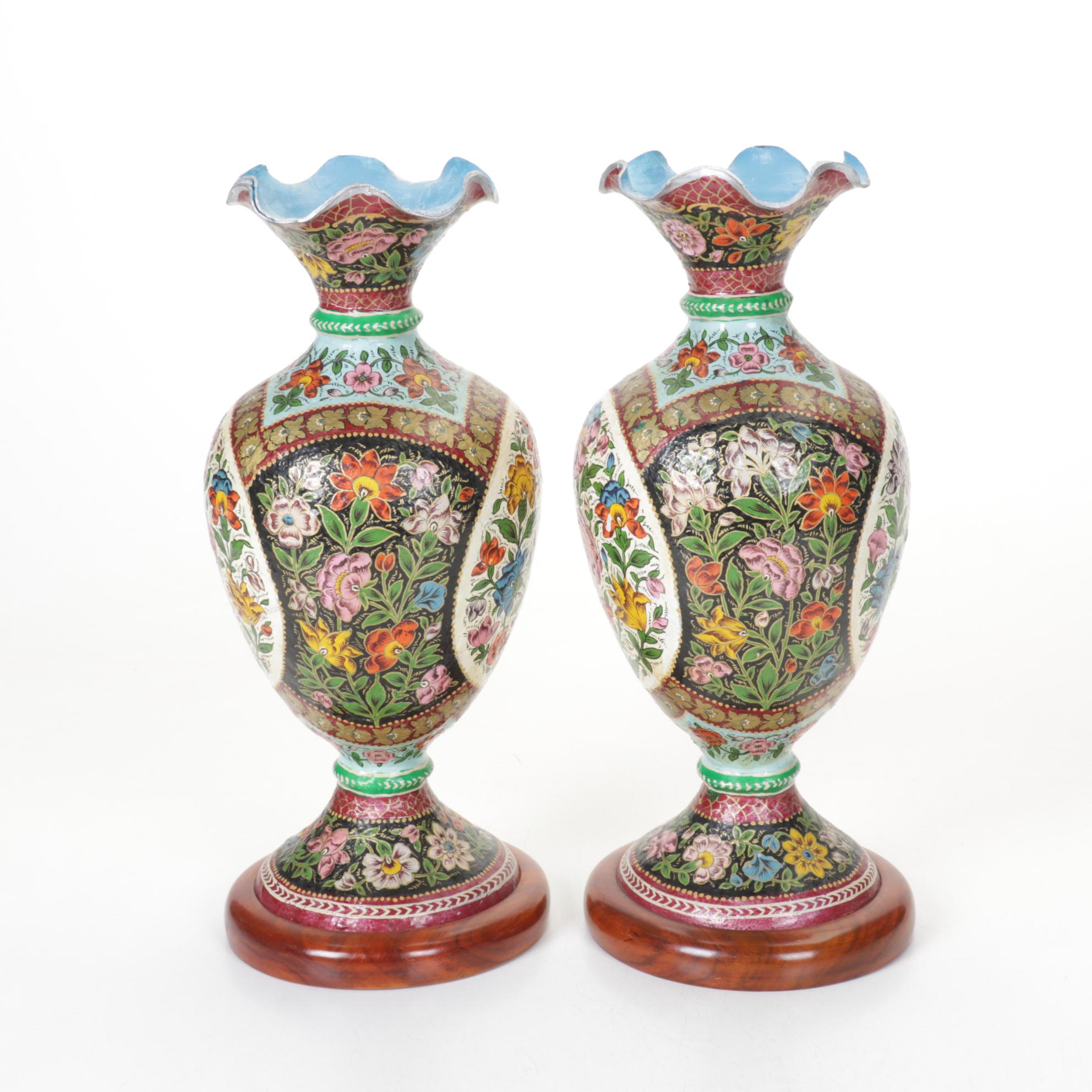 Pair of Hand-Painted Pakistani Camel Skin Vases with Wooden Bases