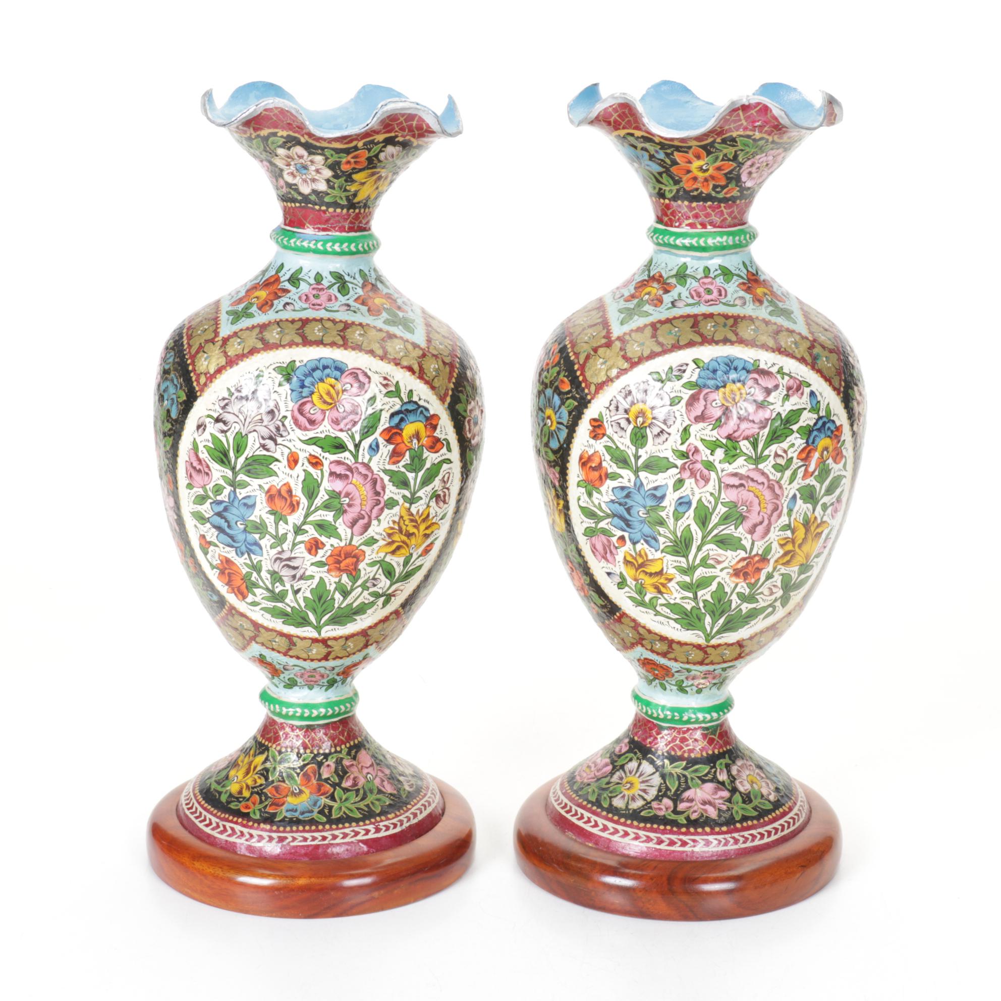 Pair of Hand-Painted Pakistani Camel Skin Vases with Wooden Bases