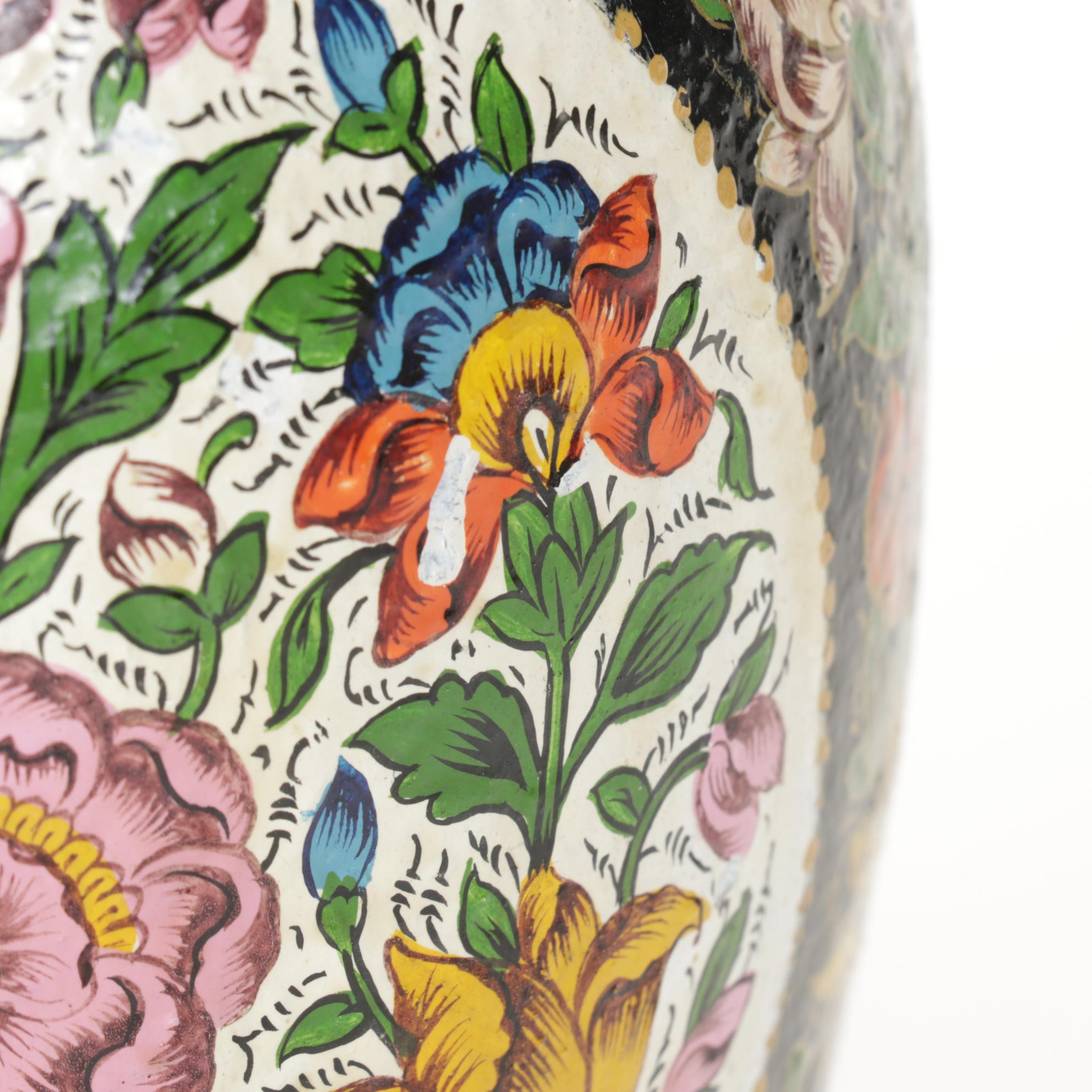 Pair of Hand-Painted Pakistani Camel Skin Vases with Wooden Bases