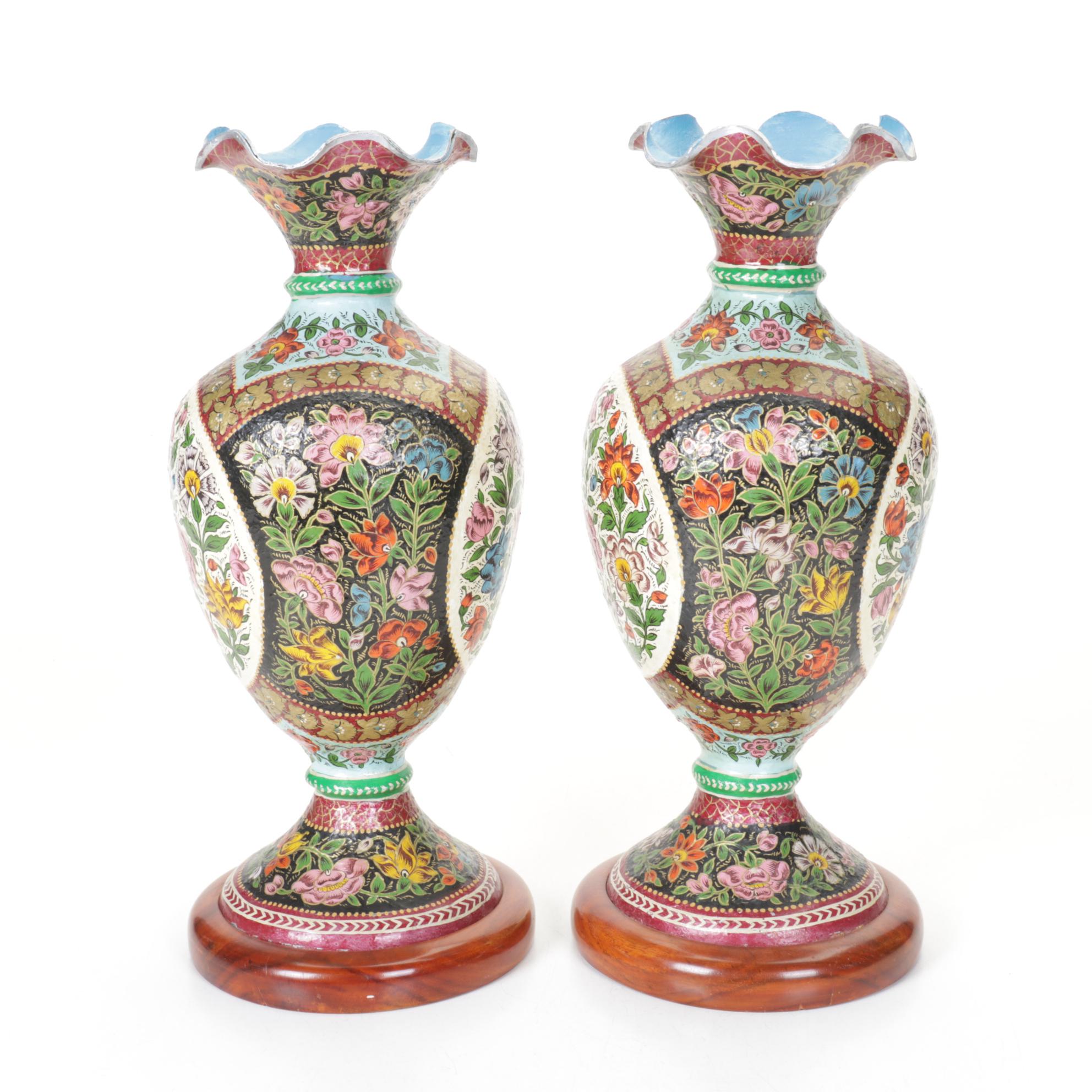 Pair of Hand-Painted Pakistani Camel Skin Vases with Wooden Bases