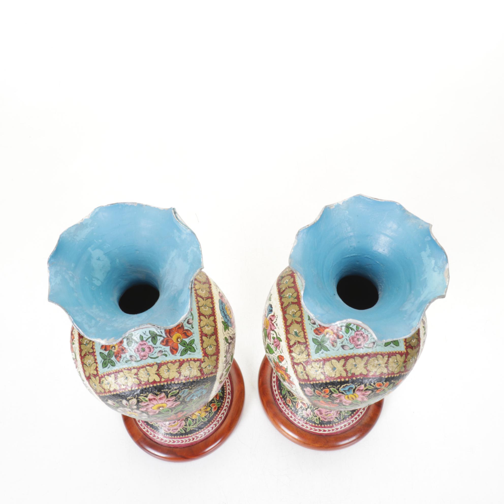 Pair of Hand-Painted Pakistani Camel Skin Vases with Wooden Bases