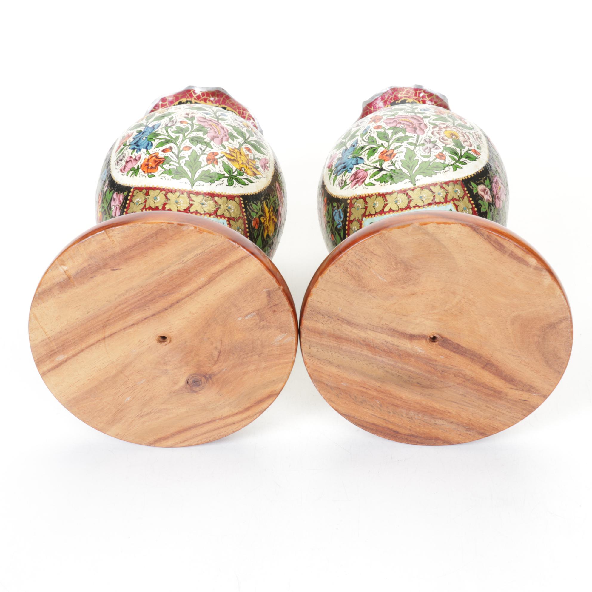 Pair of Hand-Painted Pakistani Camel Skin Vases with Wooden Bases