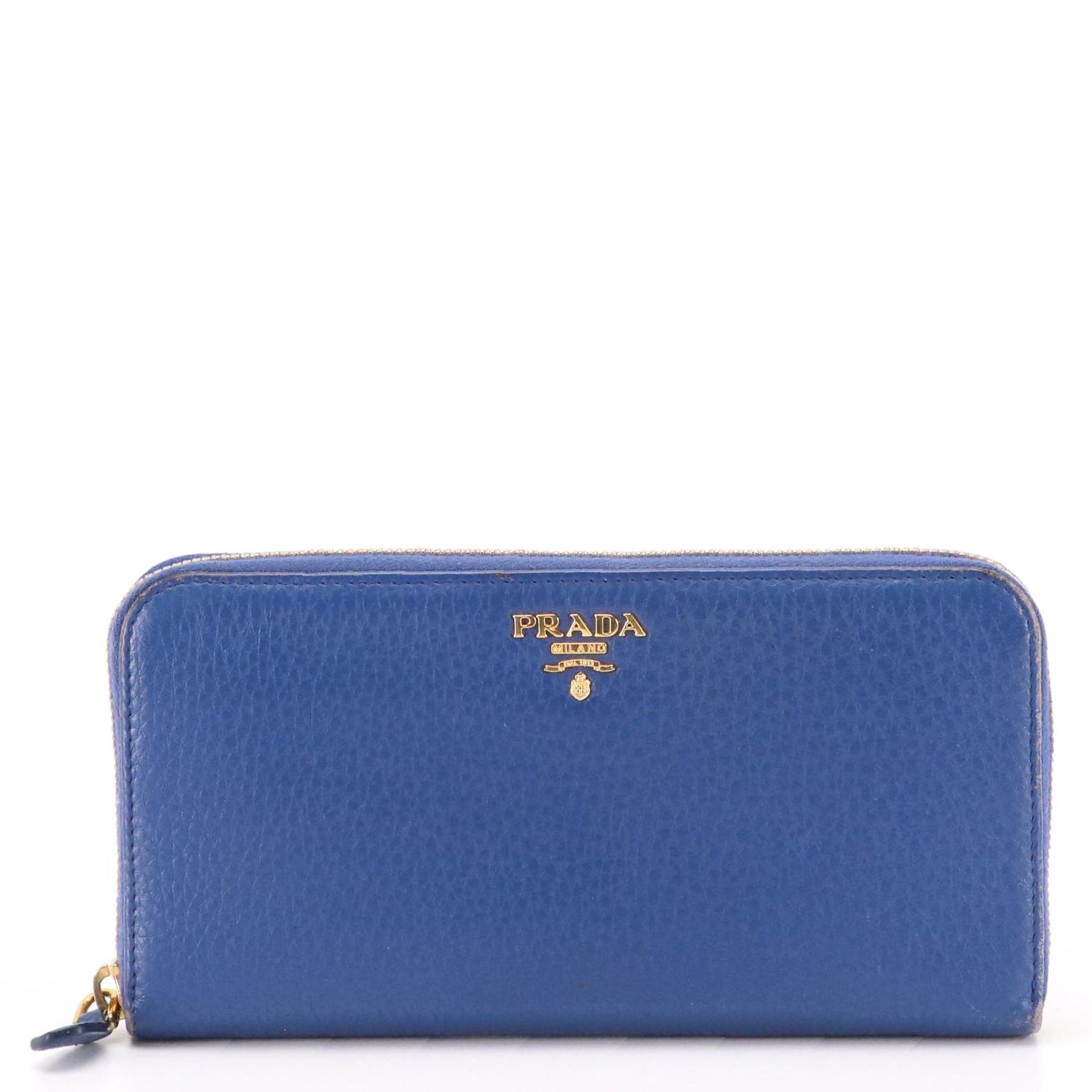 Prada Zip-Around Wallet in Blue Grained Leather with Box