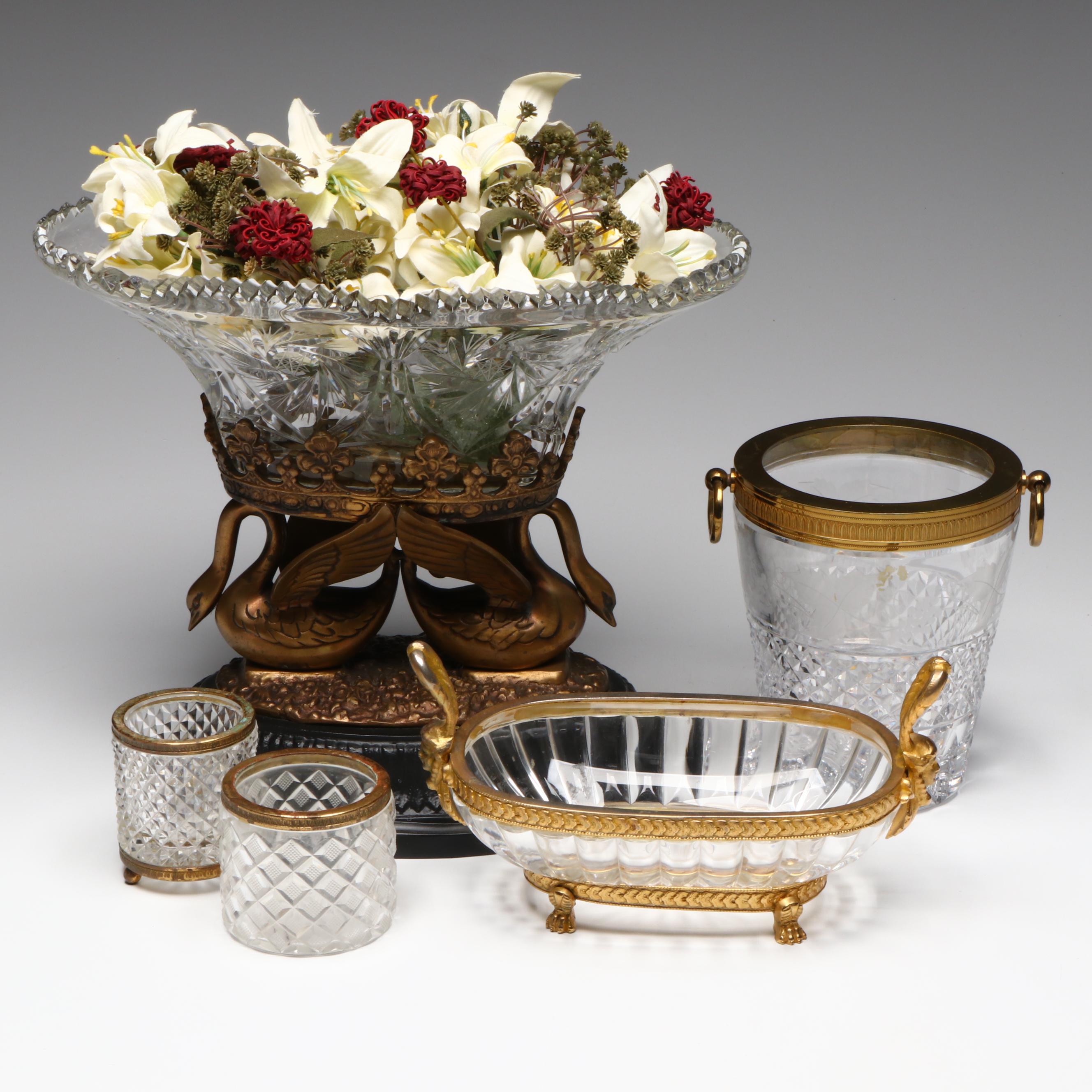 French Empire Style Ormolu Mounted Crystal Centerpiece Bowls and Tableware