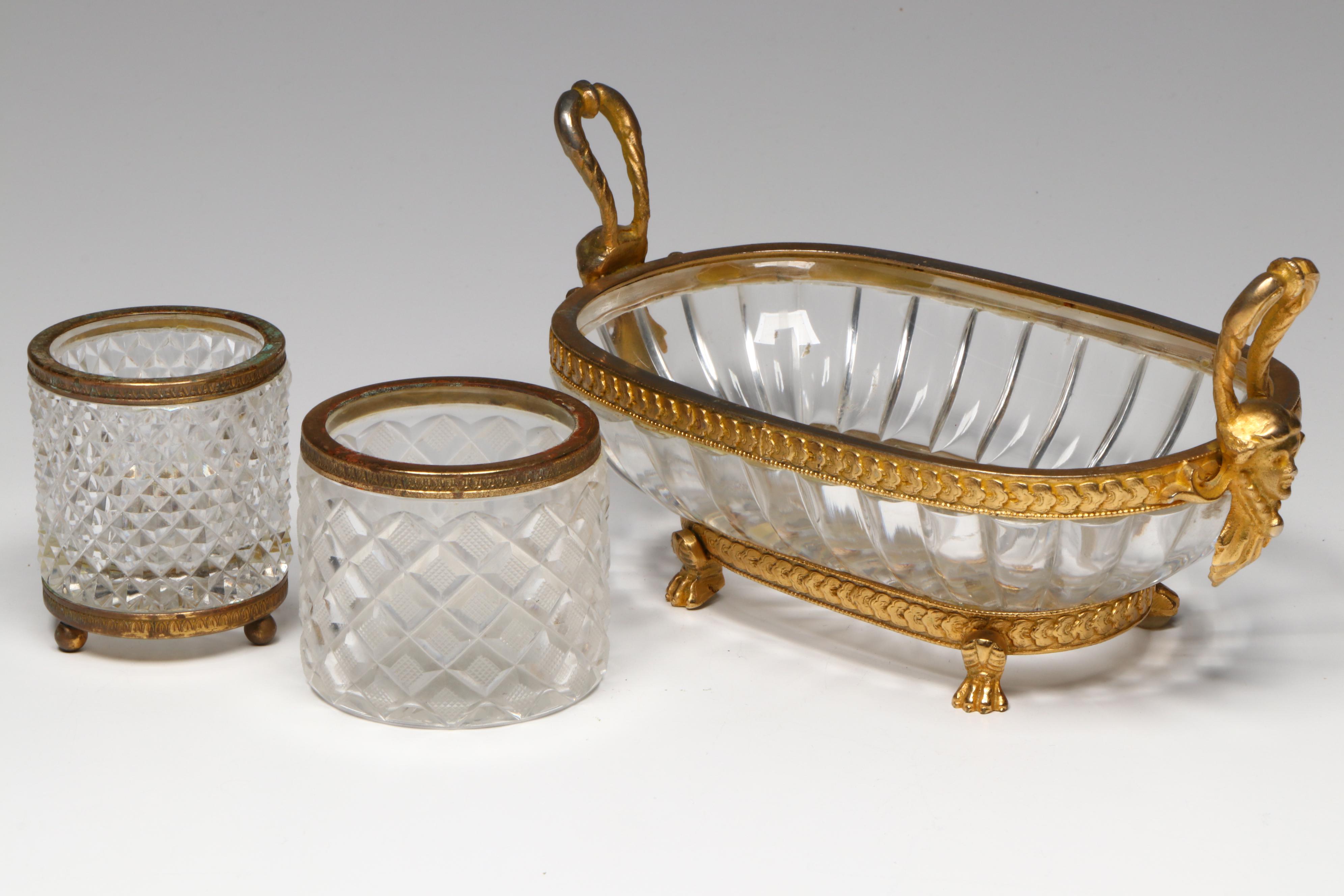 French Empire Style Ormolu Mounted Crystal Centerpiece Bowls and Tableware