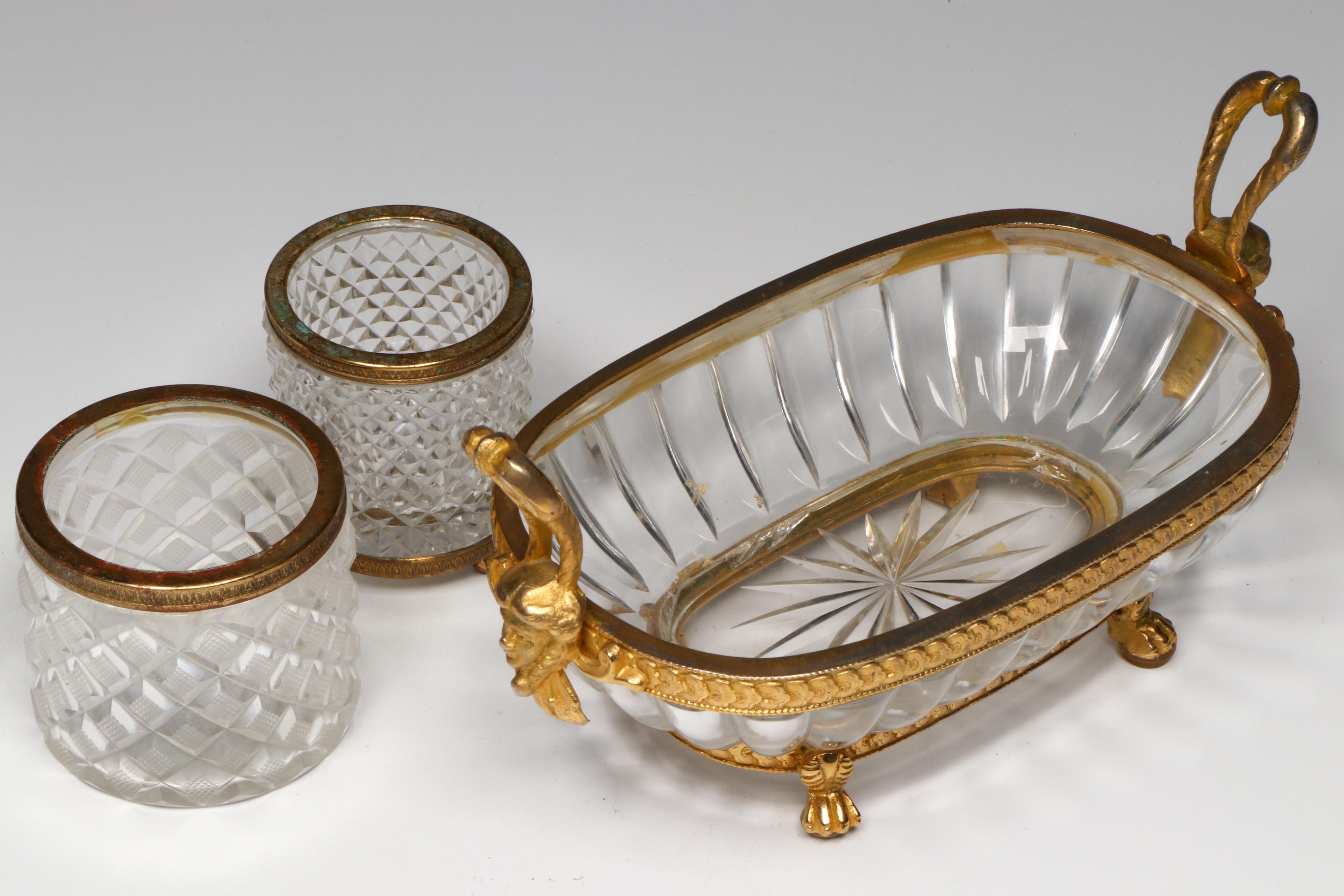 French Empire Style Ormolu Mounted Crystal Centerpiece Bowls and Tableware