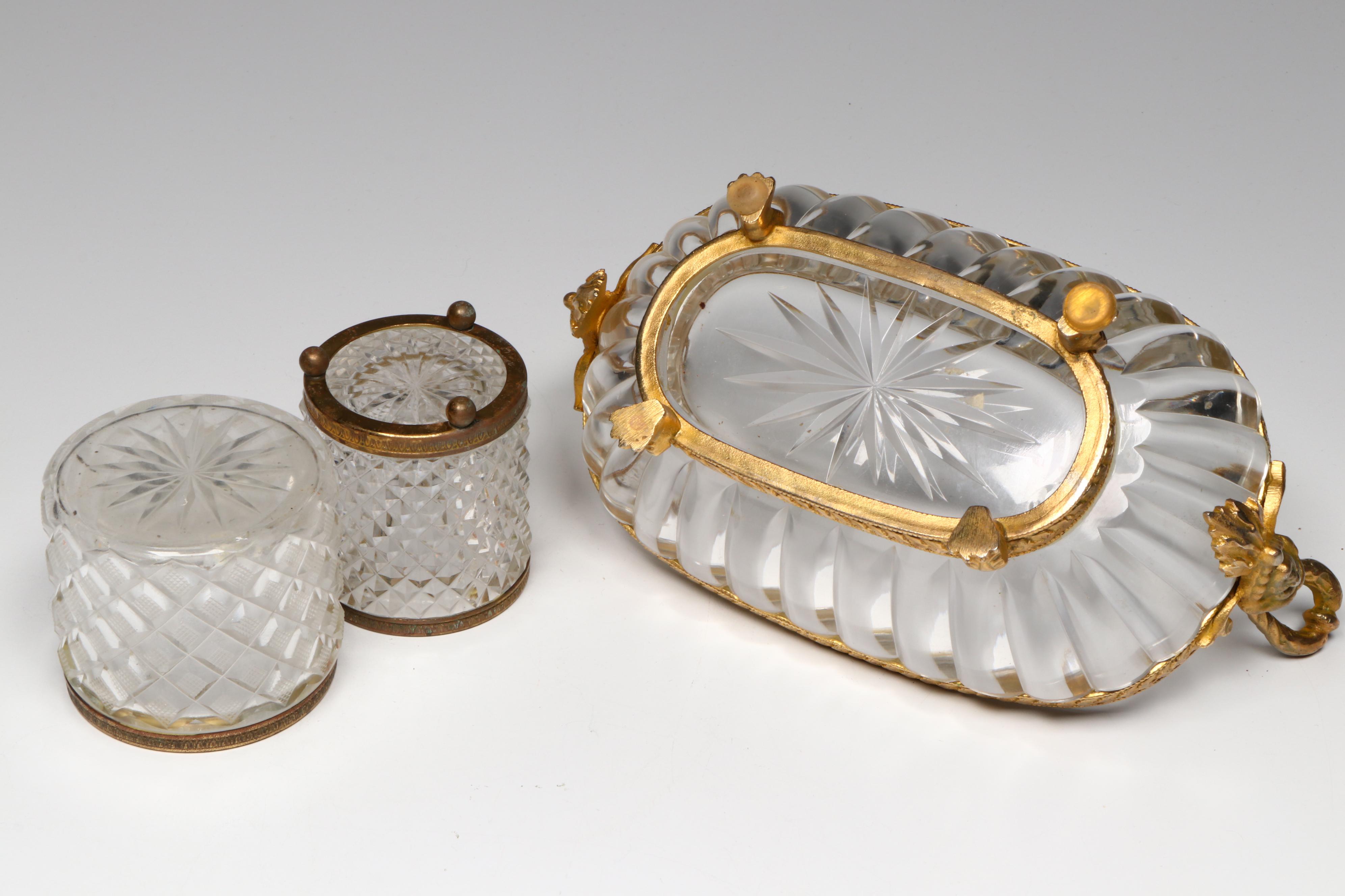 French Empire Style Ormolu Mounted Crystal Centerpiece Bowls and Tableware