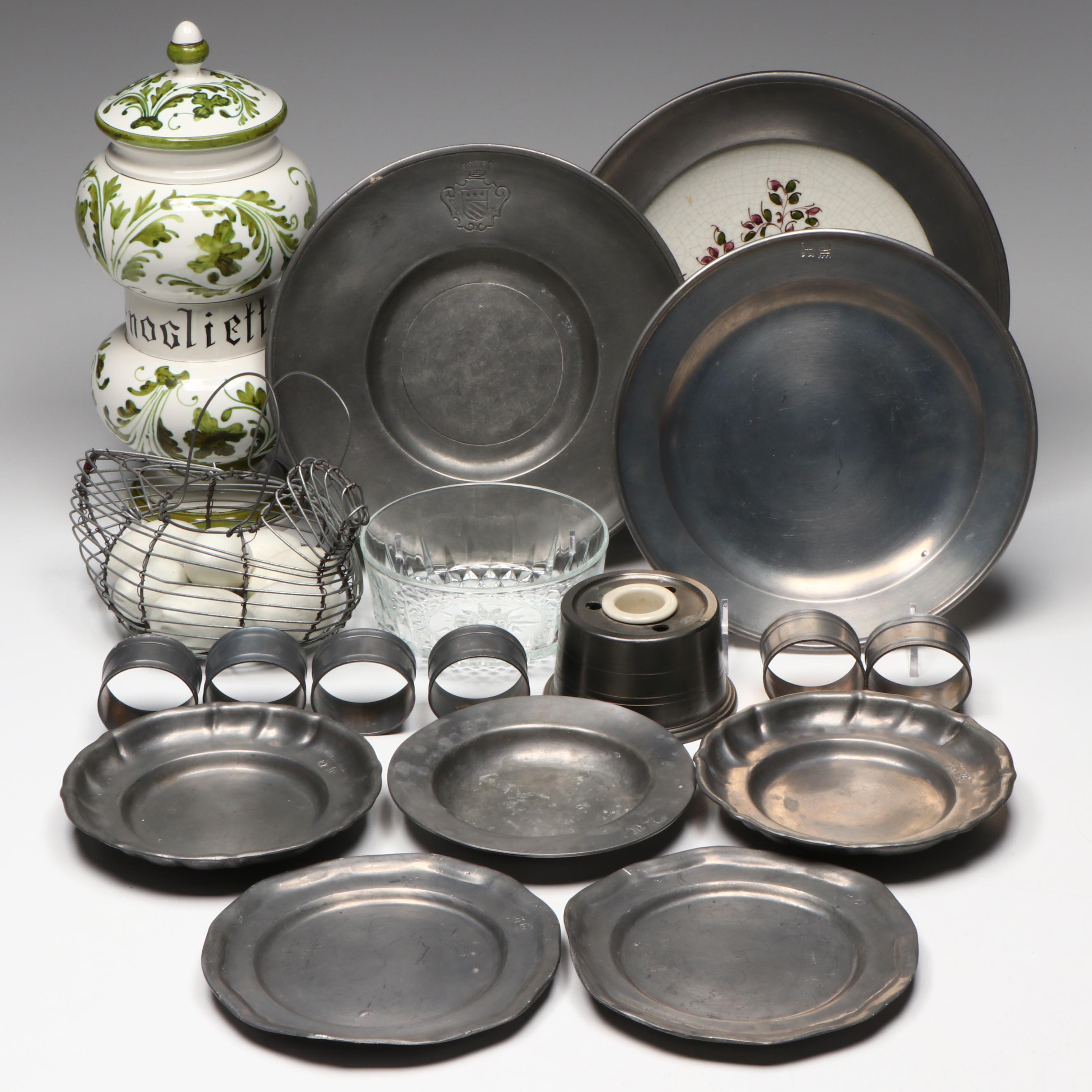 Pewter Plates and Napkin Rings with Other Table Accessories