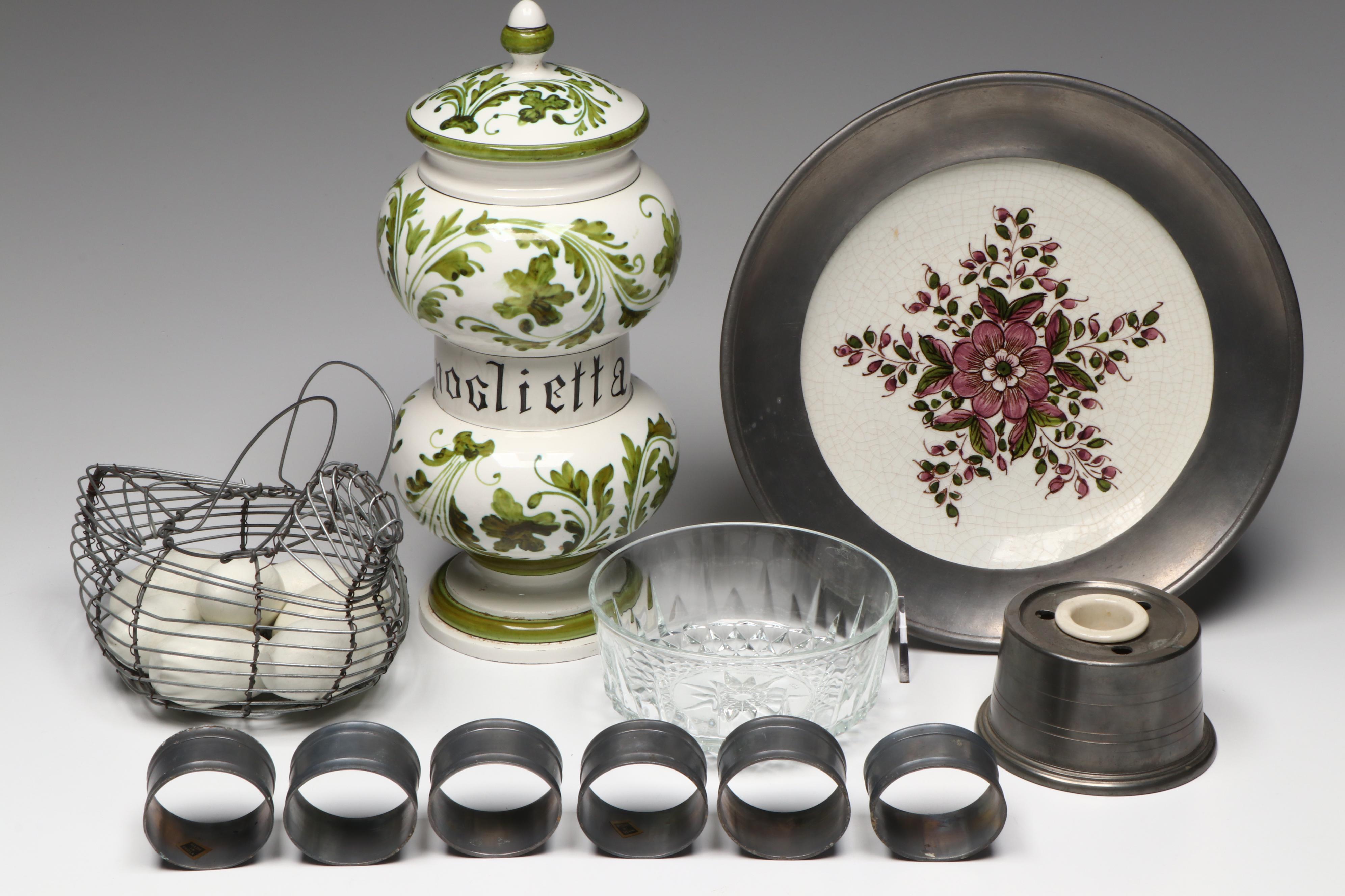 Pewter Plates and Napkin Rings with Other Table Accessories