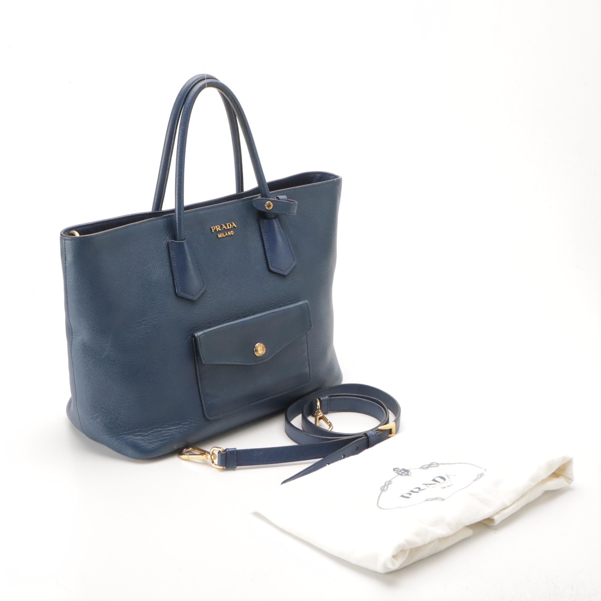 Prada Blue Saffiano Leather Front-Pocket Two-Way Tote Bag