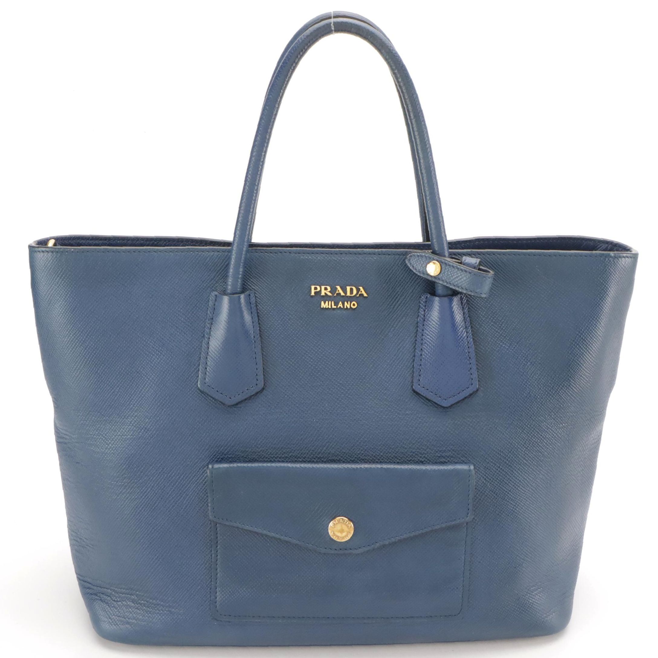 Prada Blue Saffiano Leather Front-Pocket Two-Way Tote Bag