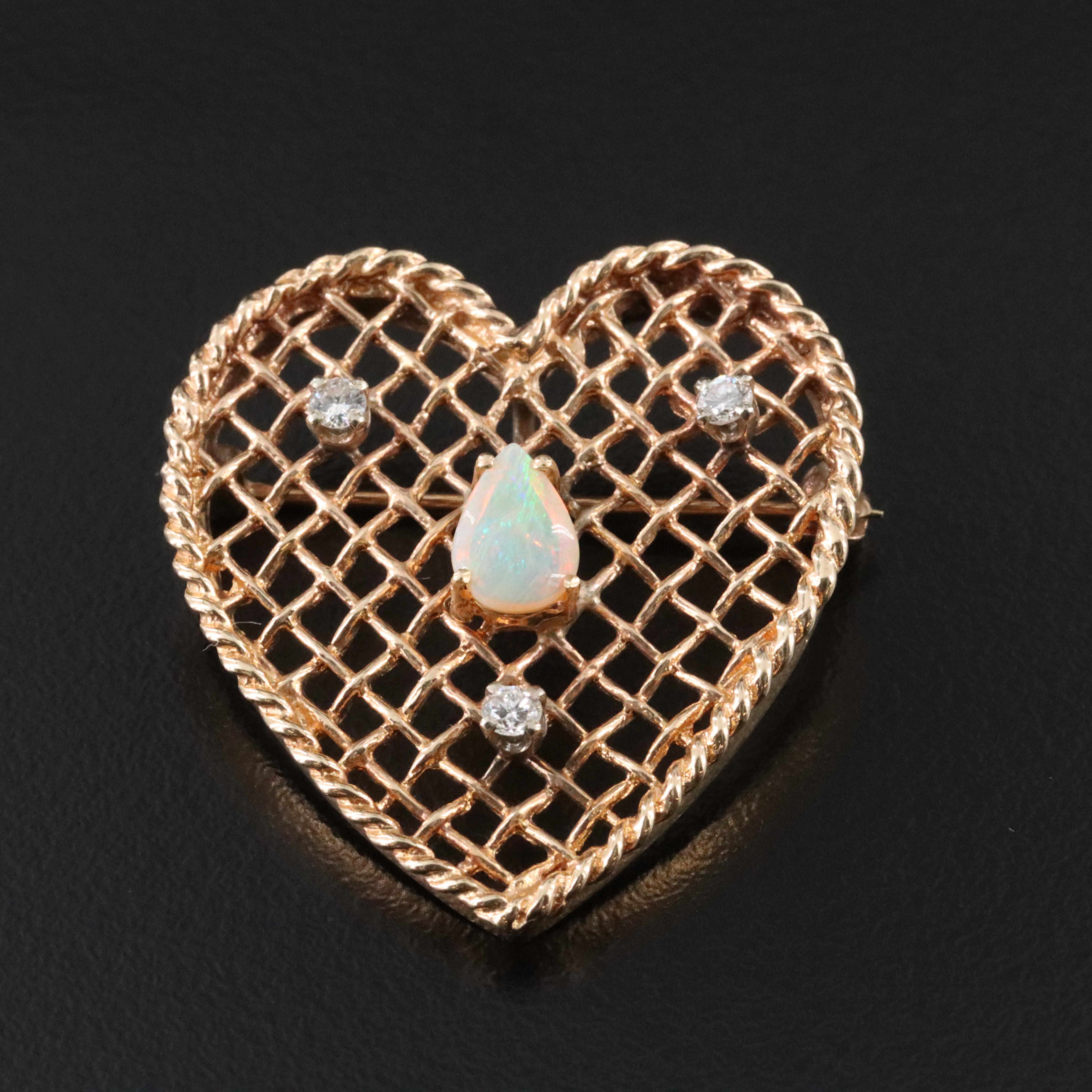 14K Opal and Diamond Crosshatch Heart Converter Brooch