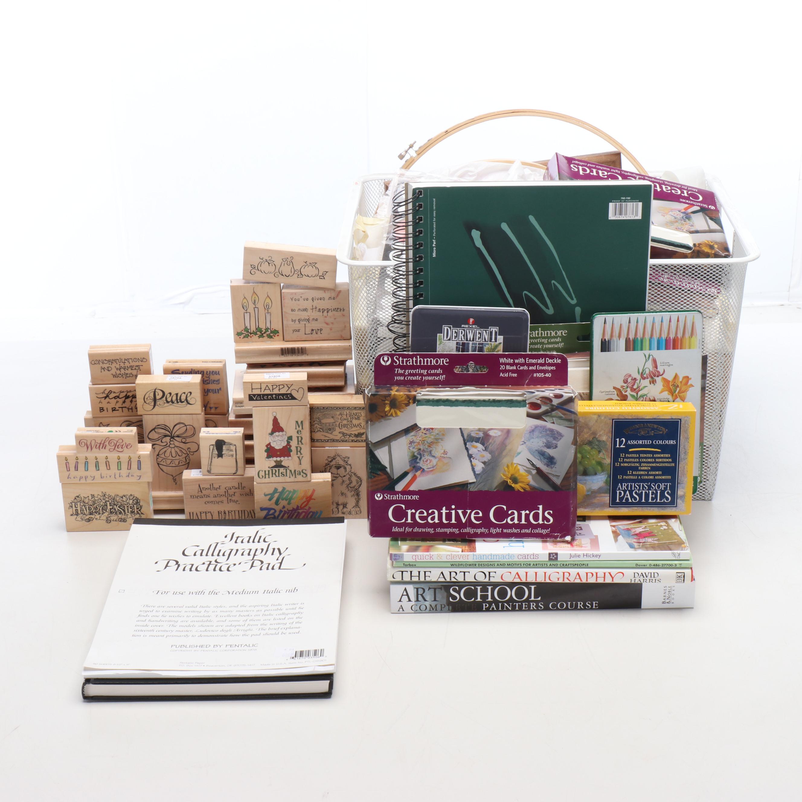 Watercolor Pencils, Pastels, Stamps and More Art Supplies with Books