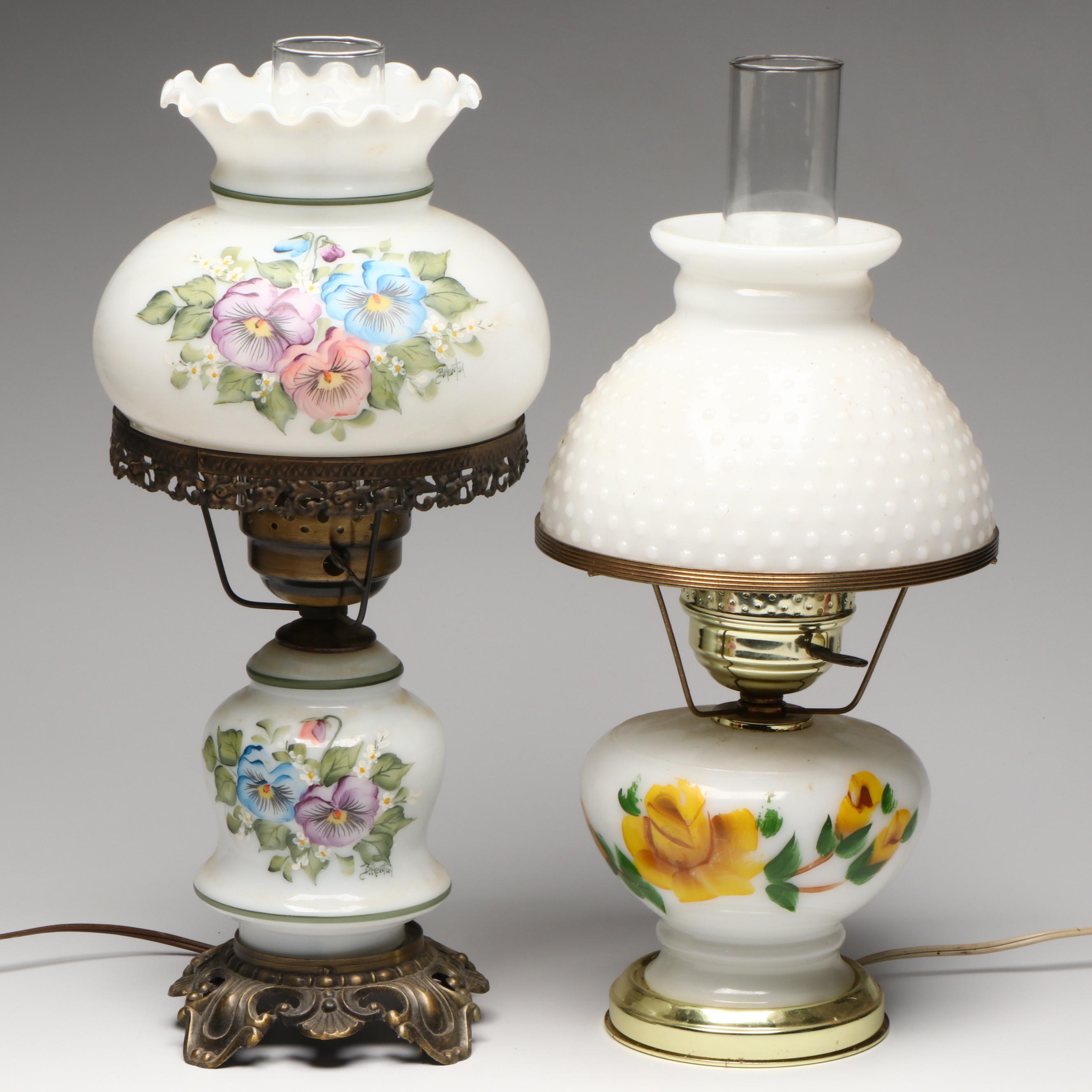 Hobbyist Painted and Other Victorian Style Milk Glass Parlor Lamps, Vintage