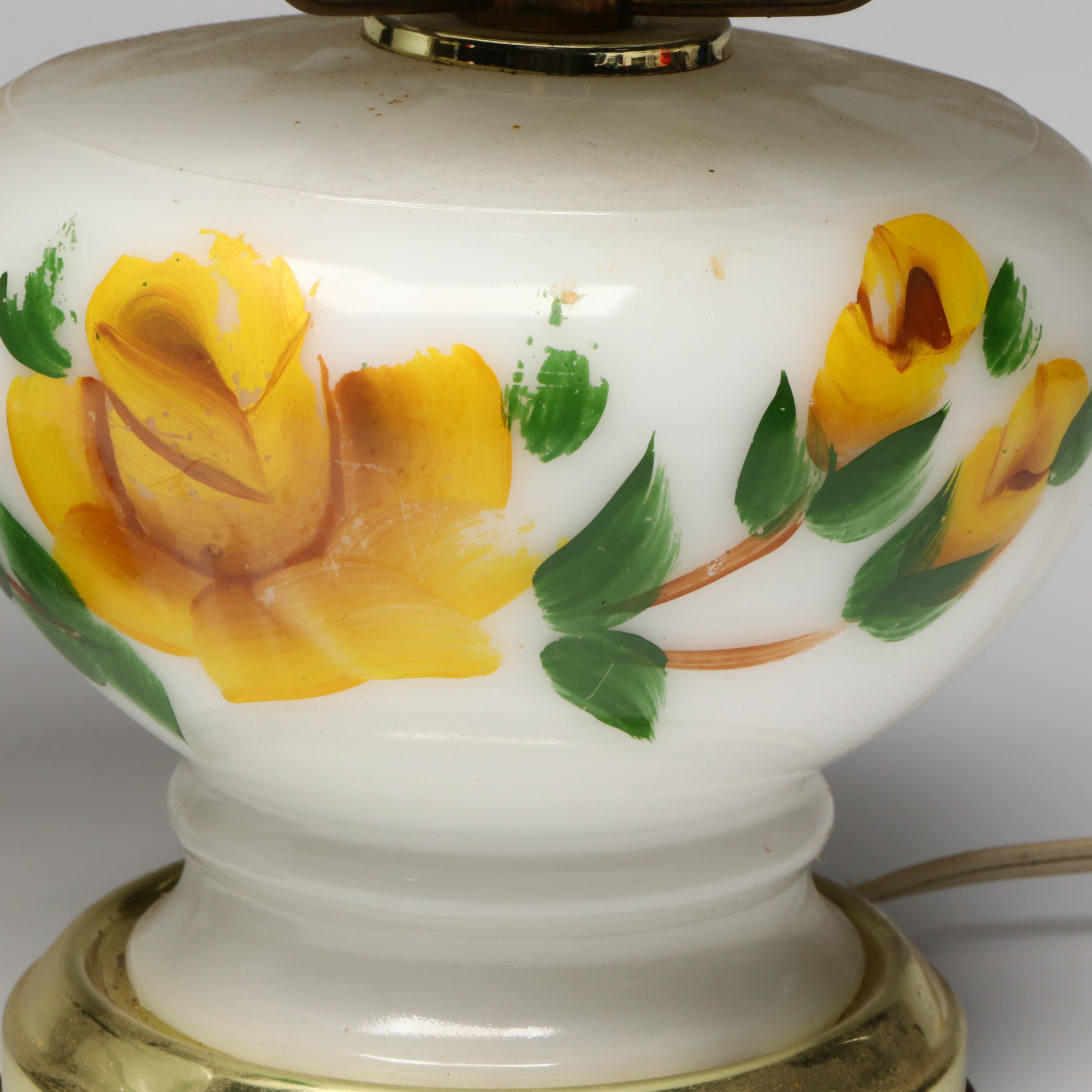 Hobbyist Painted and Other Victorian Style Milk Glass Parlor Lamps, Vintage