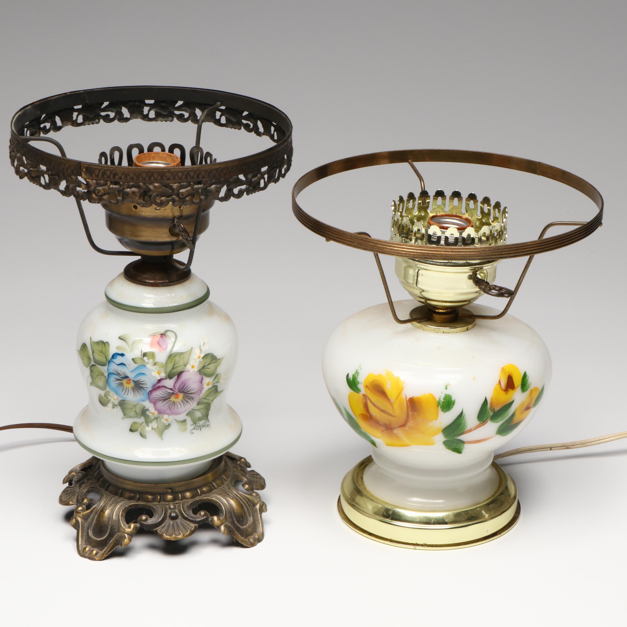 Hobbyist Painted and Other Victorian Style Milk Glass Parlor Lamps, Vintage