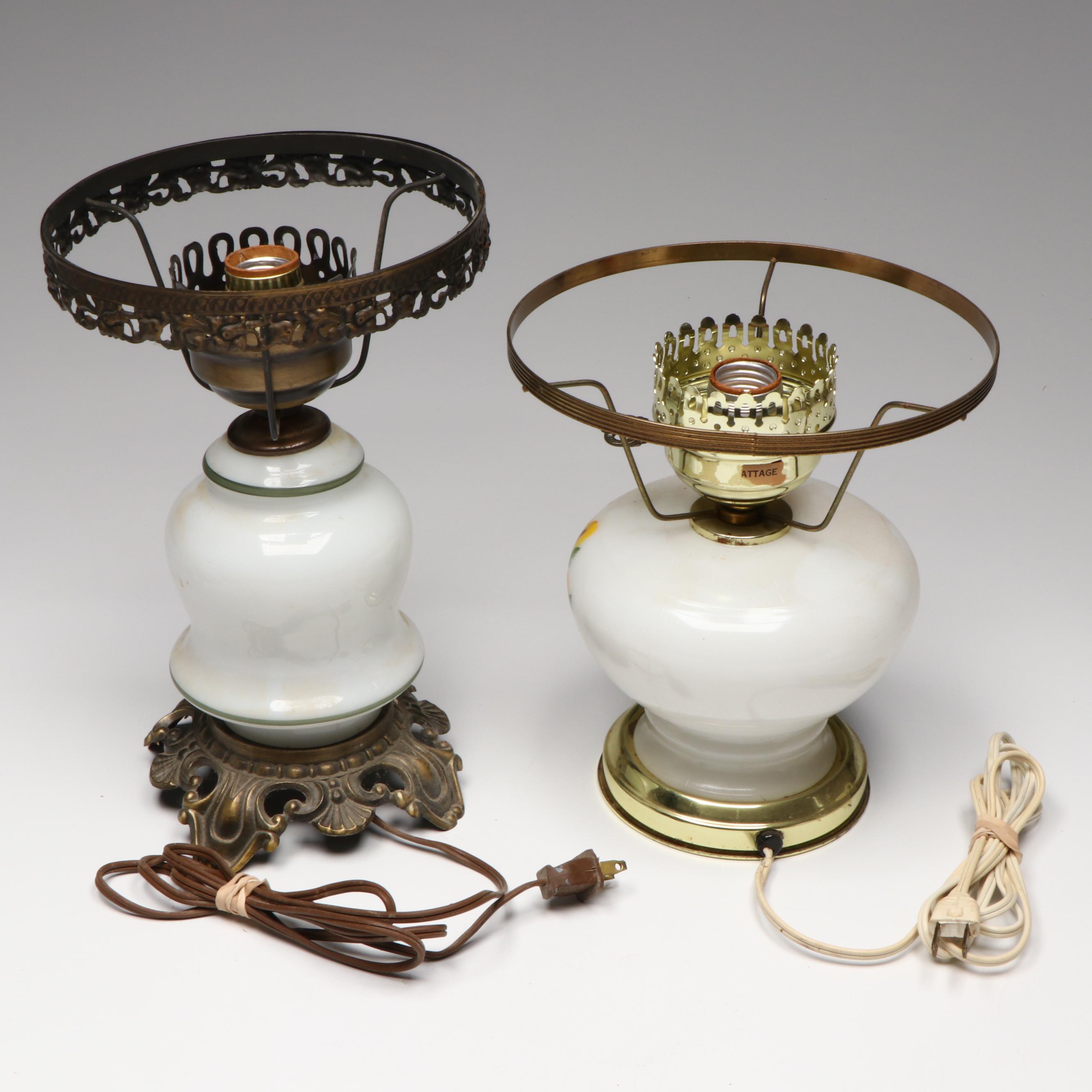 Hobbyist Painted and Other Victorian Style Milk Glass Parlor Lamps, Vintage