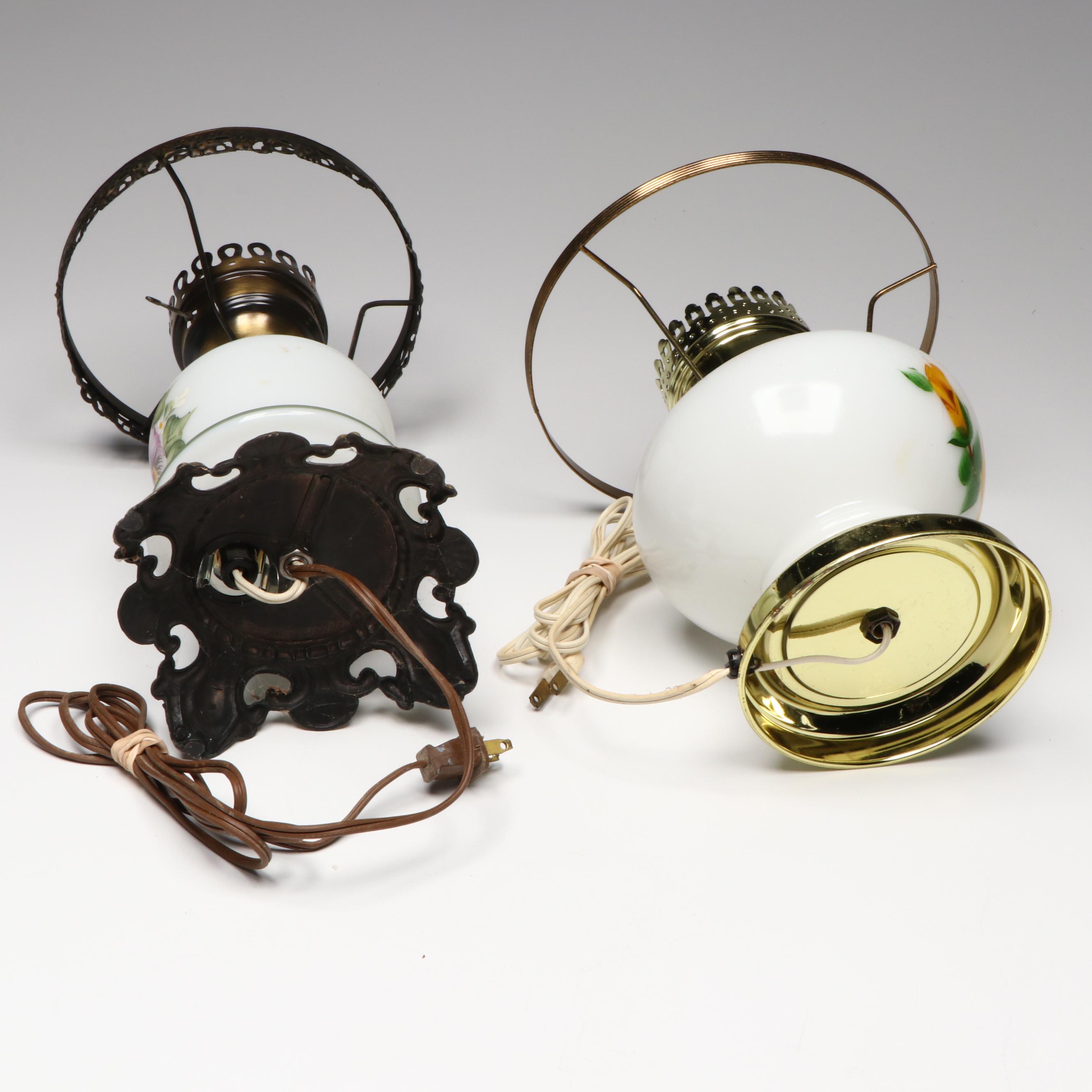 Hobbyist Painted and Other Victorian Style Milk Glass Parlor Lamps, Vintage