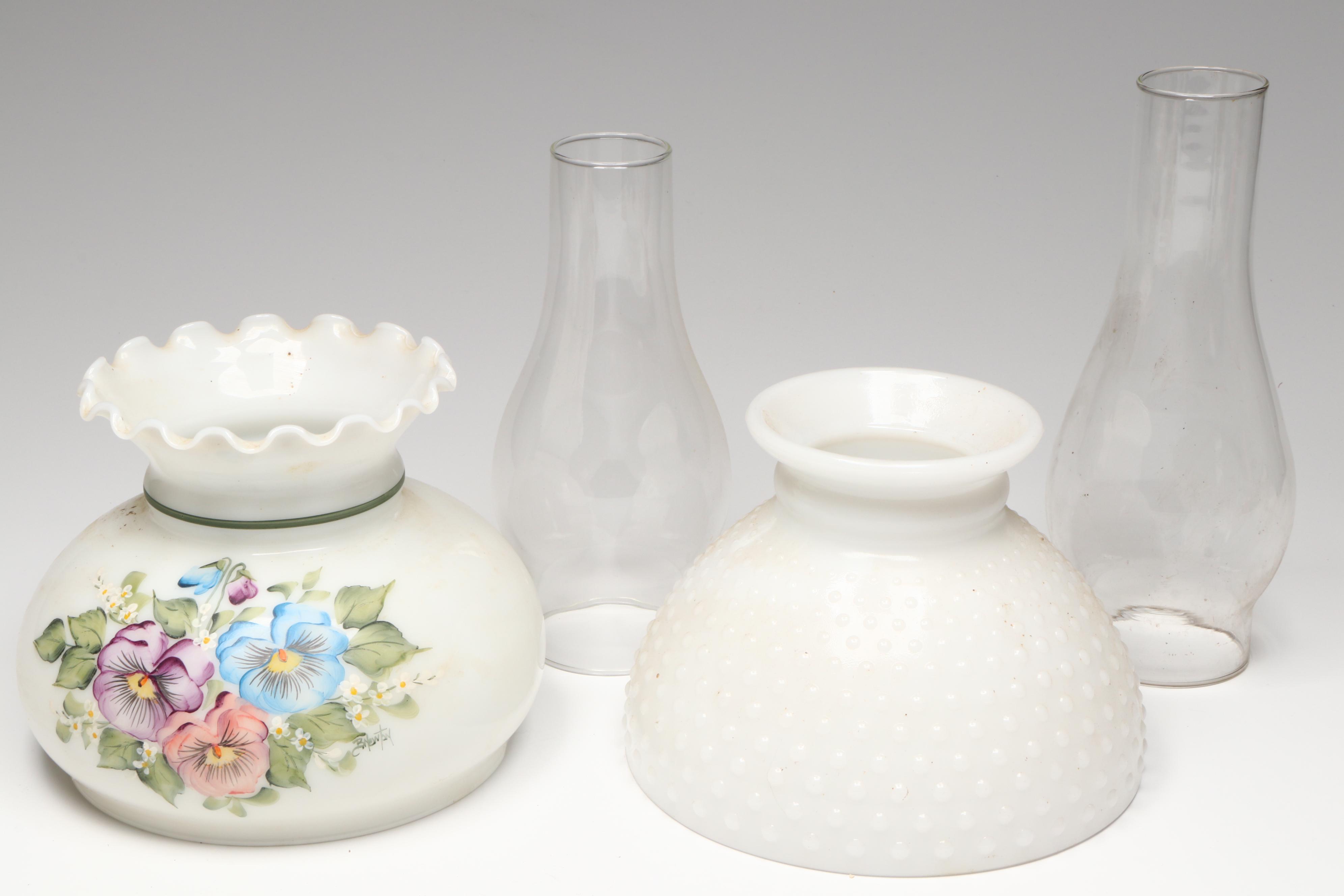 Hobbyist Painted and Other Victorian Style Milk Glass Parlor Lamps, Vintage