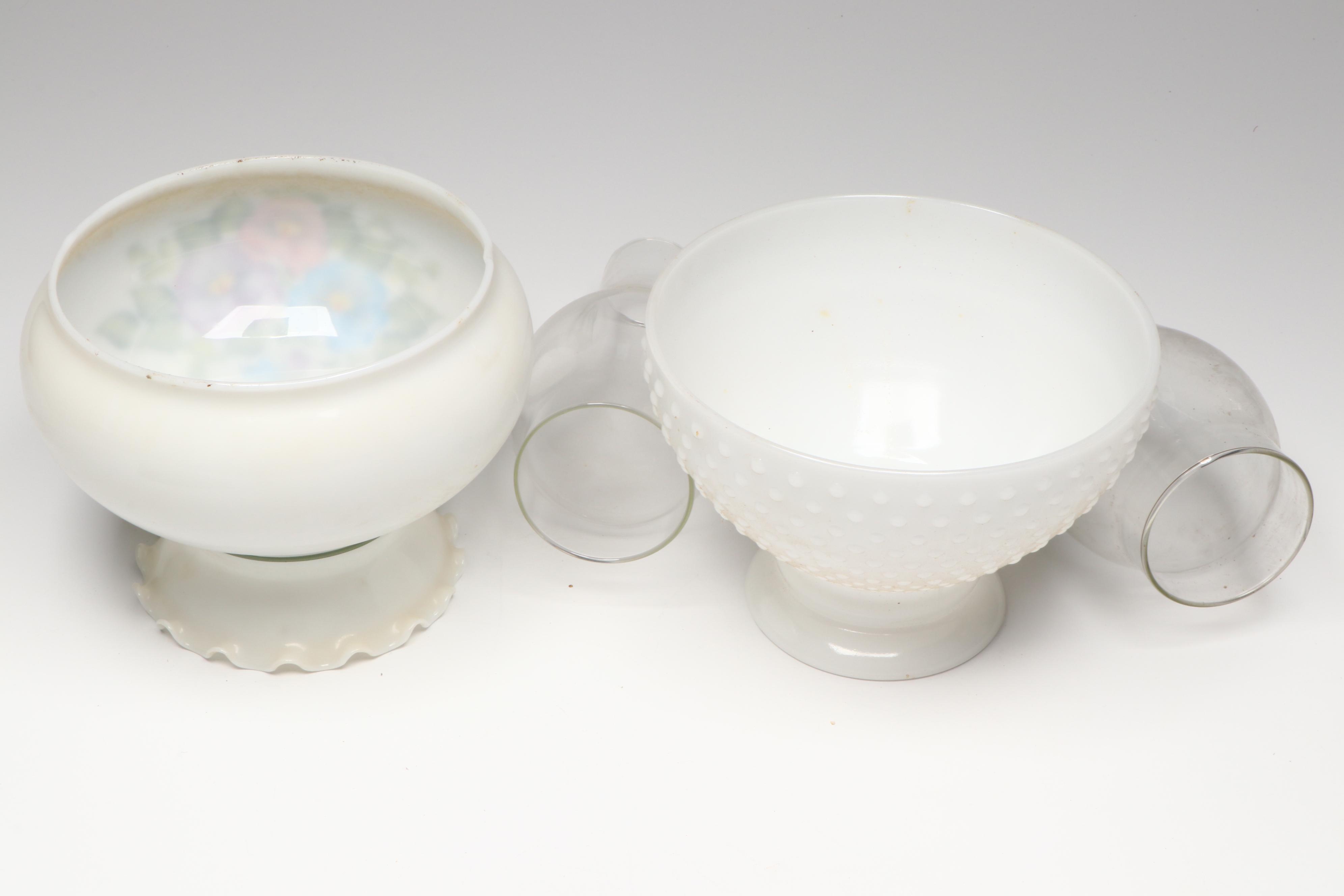 Hobbyist Painted and Other Victorian Style Milk Glass Parlor Lamps, Vintage