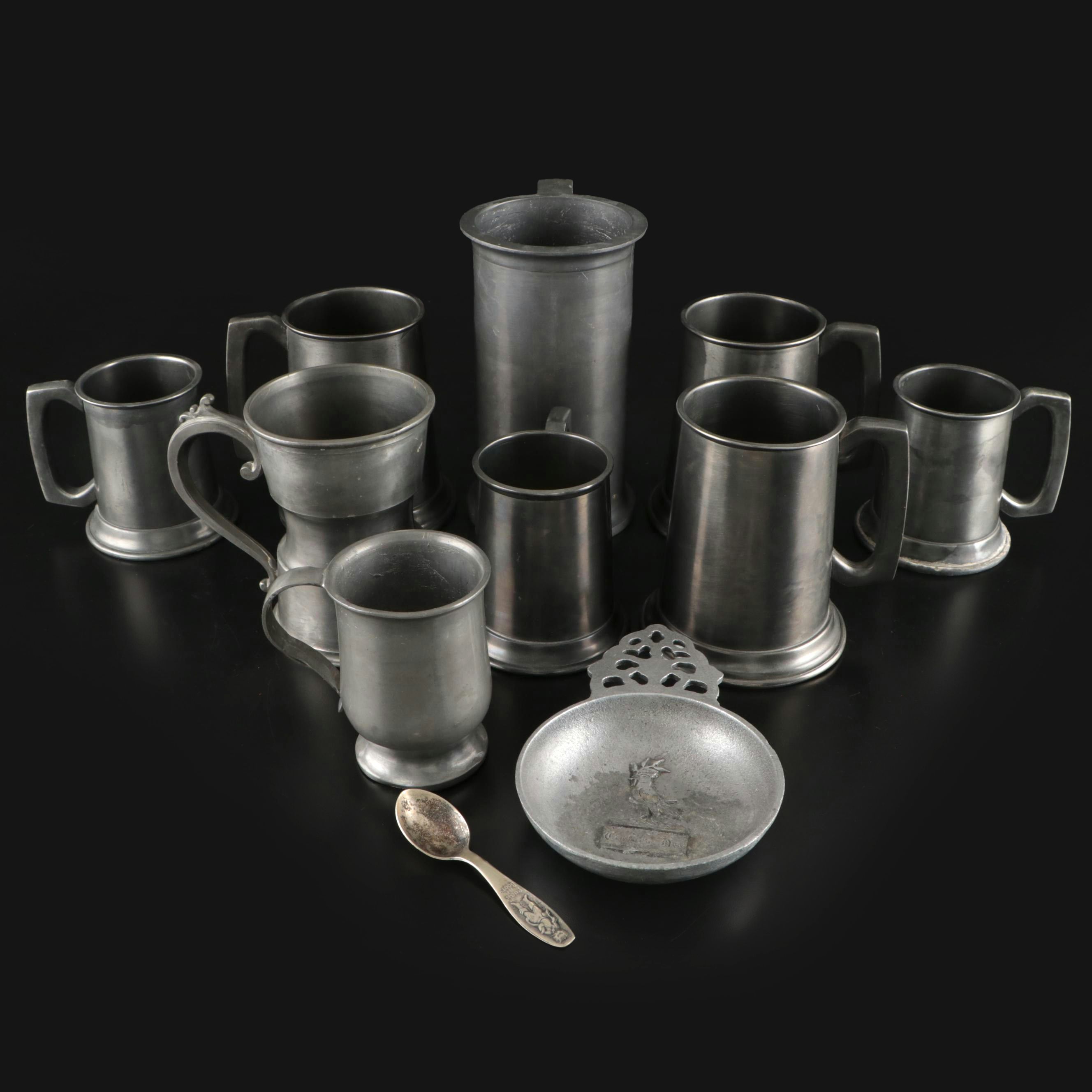 Regal Silver Puss n Boots Silver Plate Spoon with Pewter Beer Mugs and Porringer