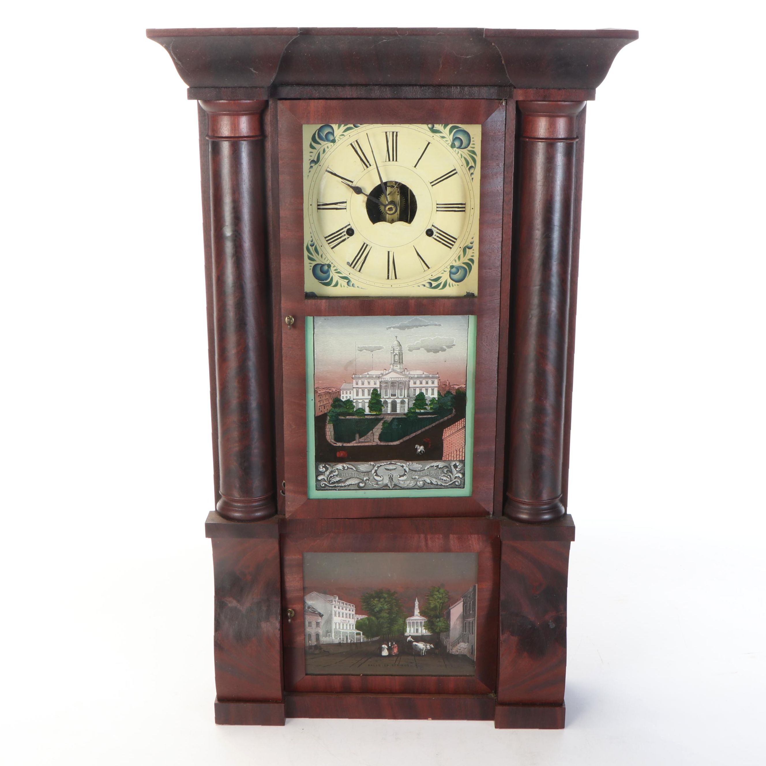 Birge Peck & Co. Empire Reverse Painted Mahogany Shelf Clock, 19th Century