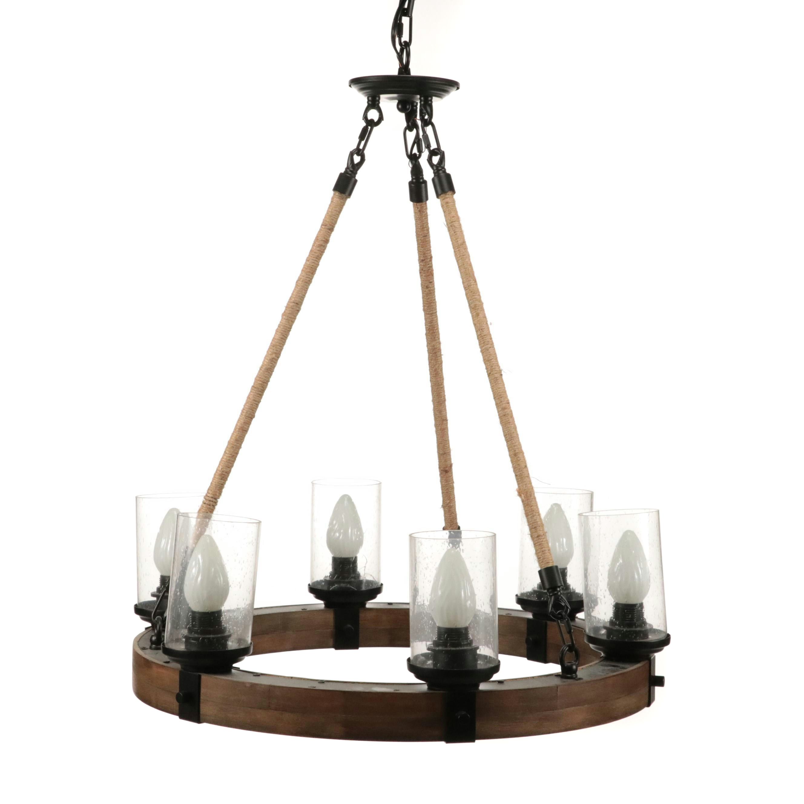 Farm House Style Wagon Wheel Chandelier with Seed Glass Shades