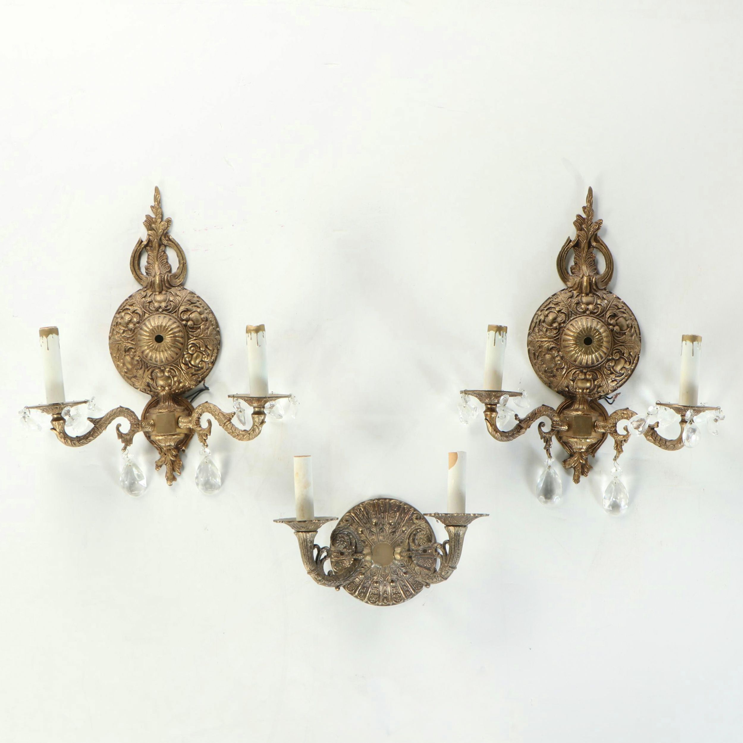 American Made Empire With Rococo Style Cast Brass Double-Arm Wall Sconces