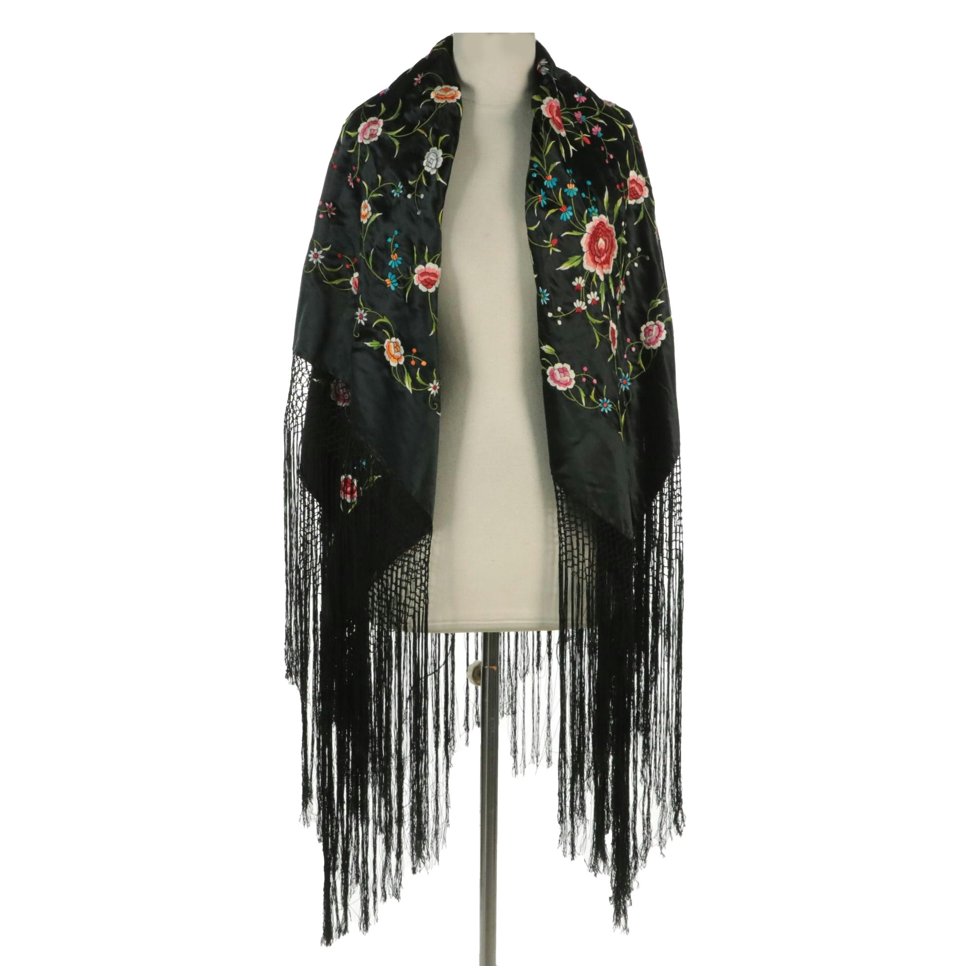 Black Satin Piano Shawl with Floral Embroidery