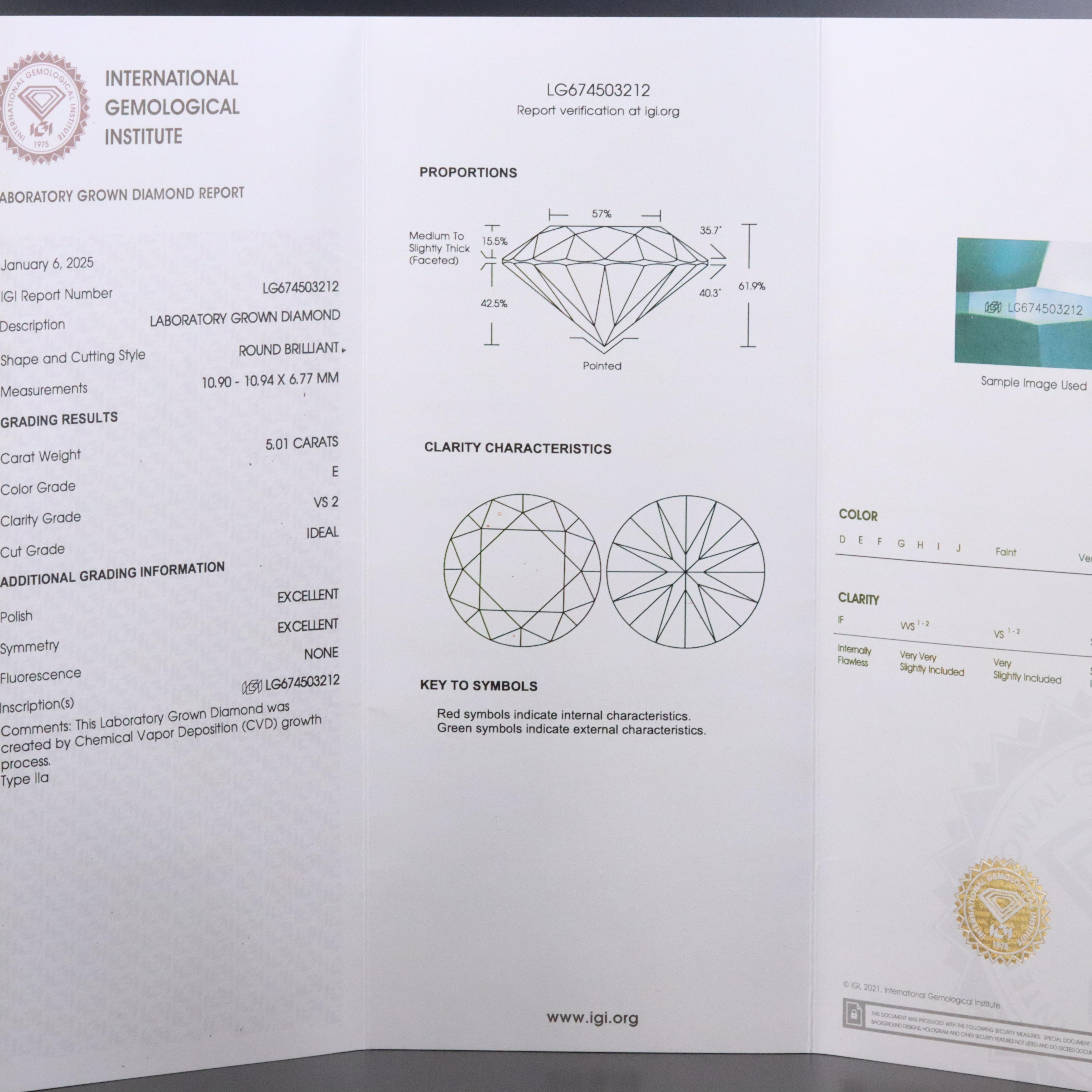 Platinum 5.01 CT Lab Grown Diamond Solitaire Ring with IGI Report