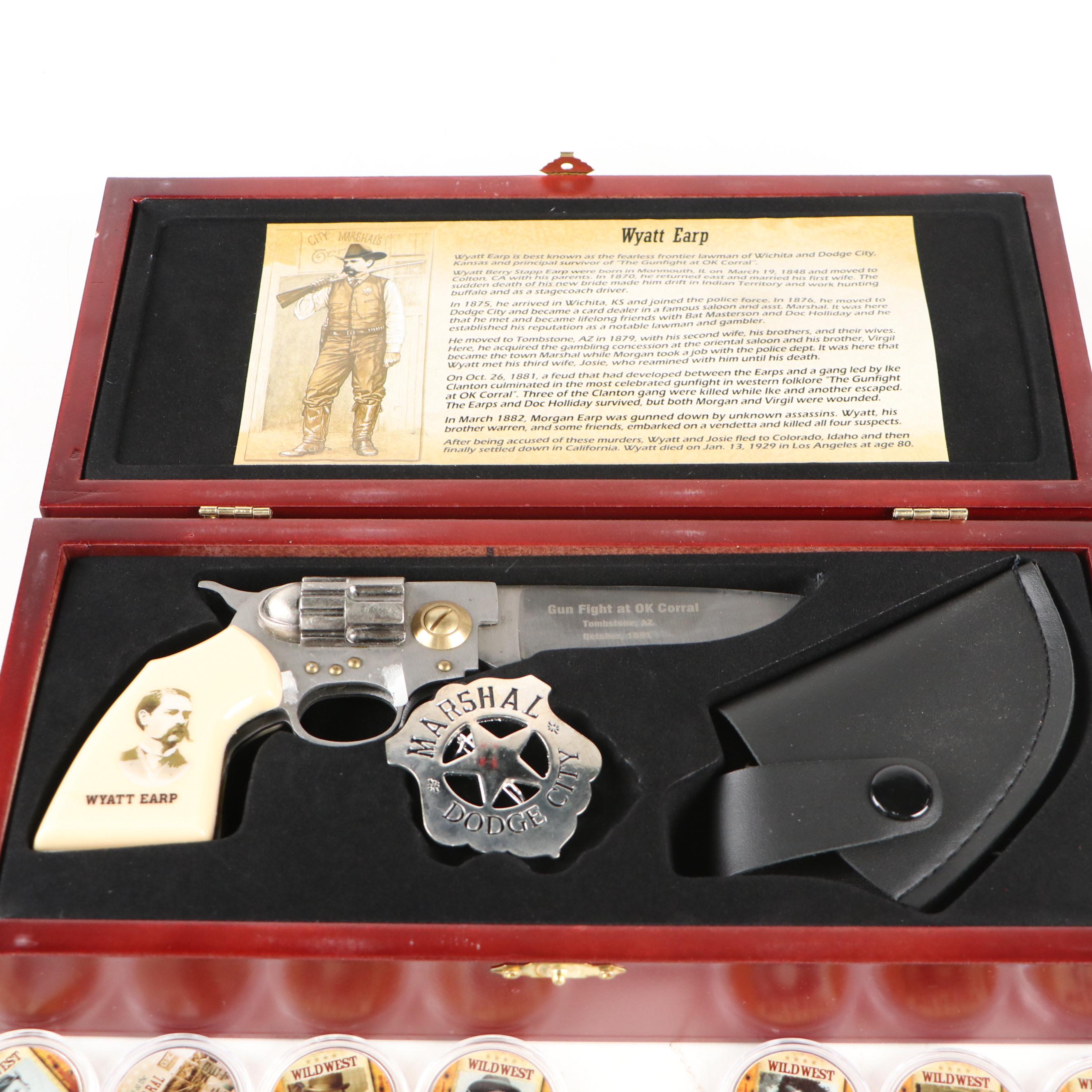 Wyatt Earp "Gun Fight at OK Corral" Folding Knife with Half Dollars and More