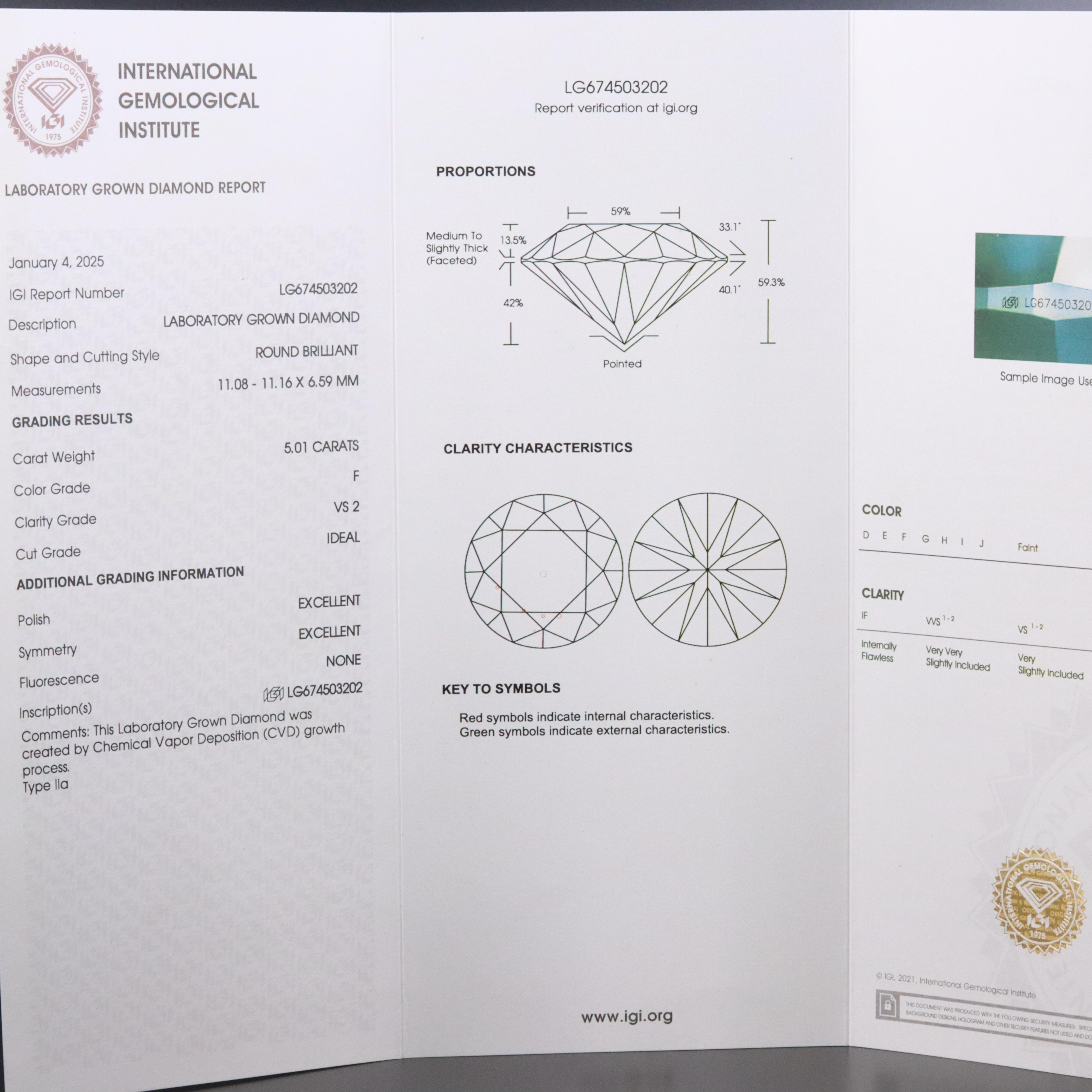 Platinum 5.01 CT Lab Grown Diamond Solitaire Ring with IGI Report