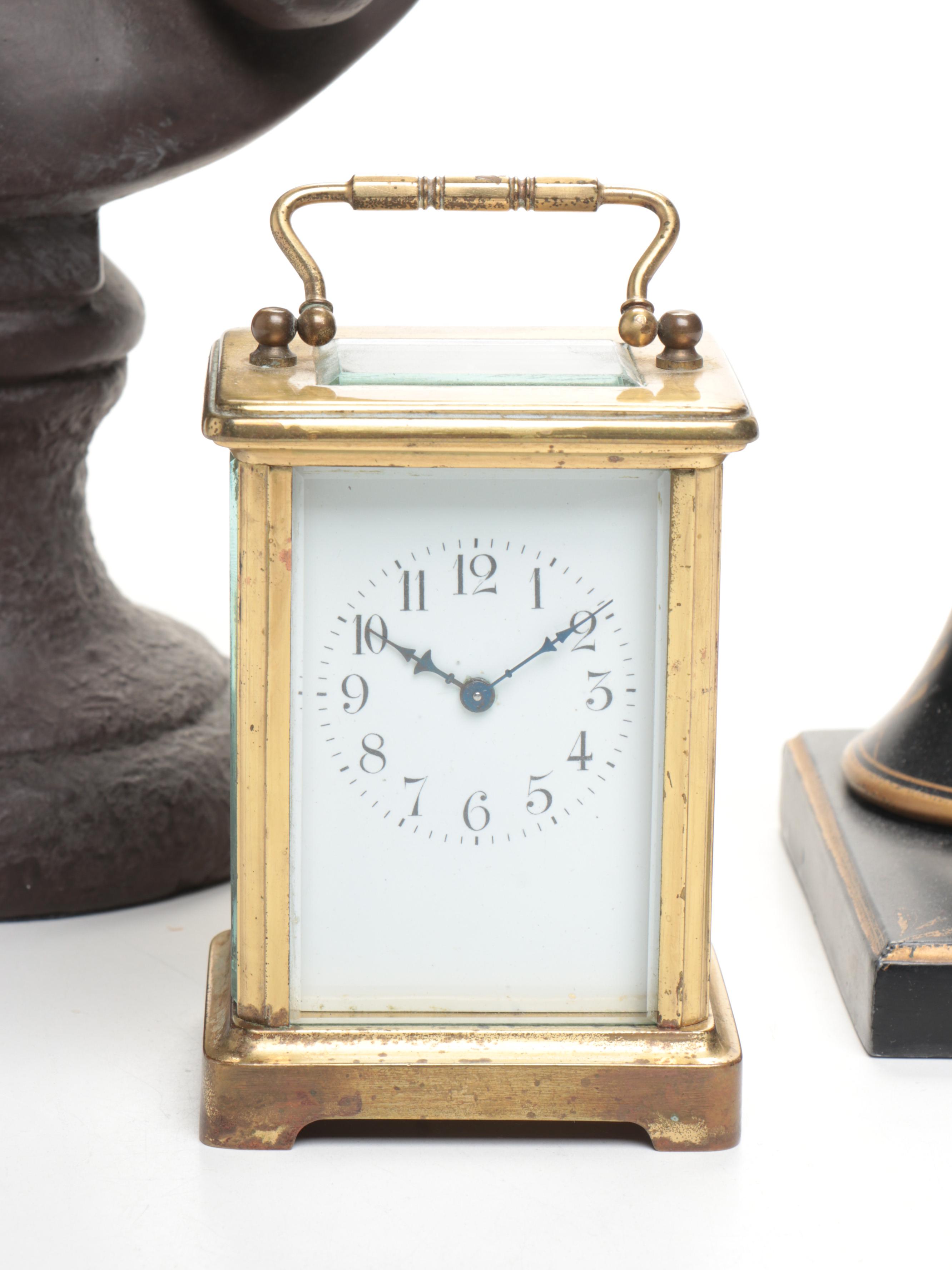 French Brass Carriage Clock with Toleware Table Lamp and Bust of David