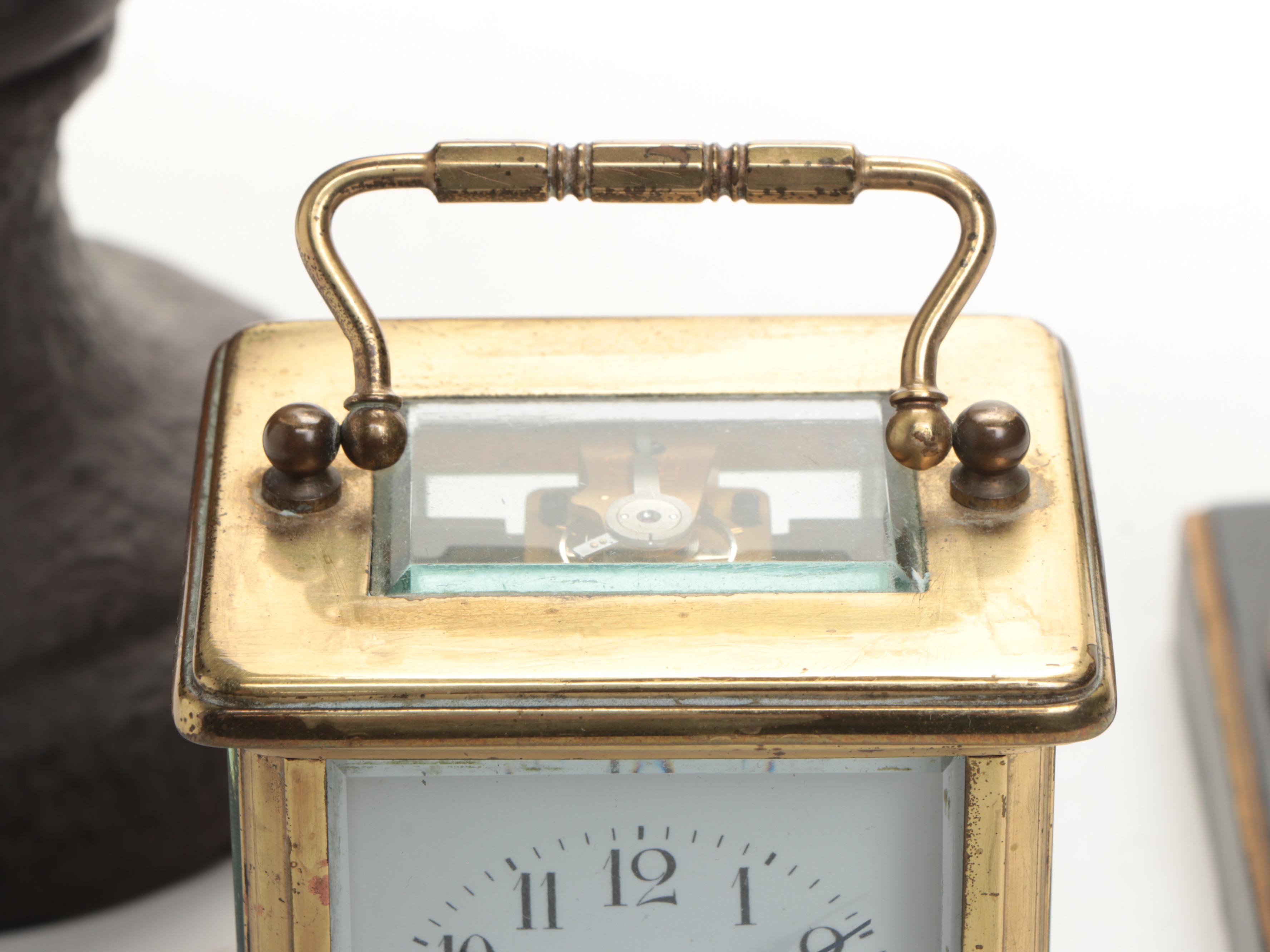 French Brass Carriage Clock with Toleware Table Lamp and Bust of David