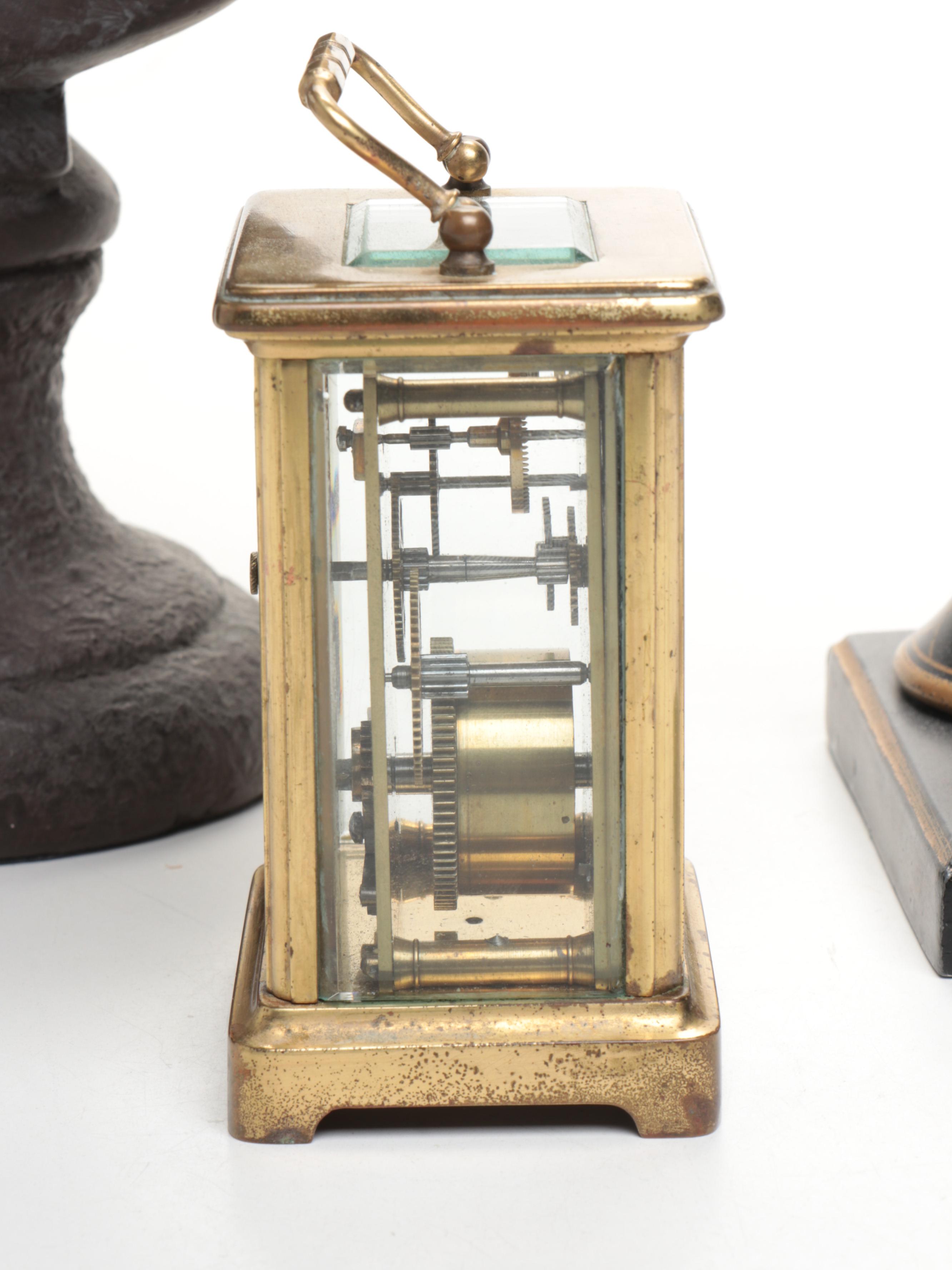 French Brass Carriage Clock with Toleware Table Lamp and Bust of David