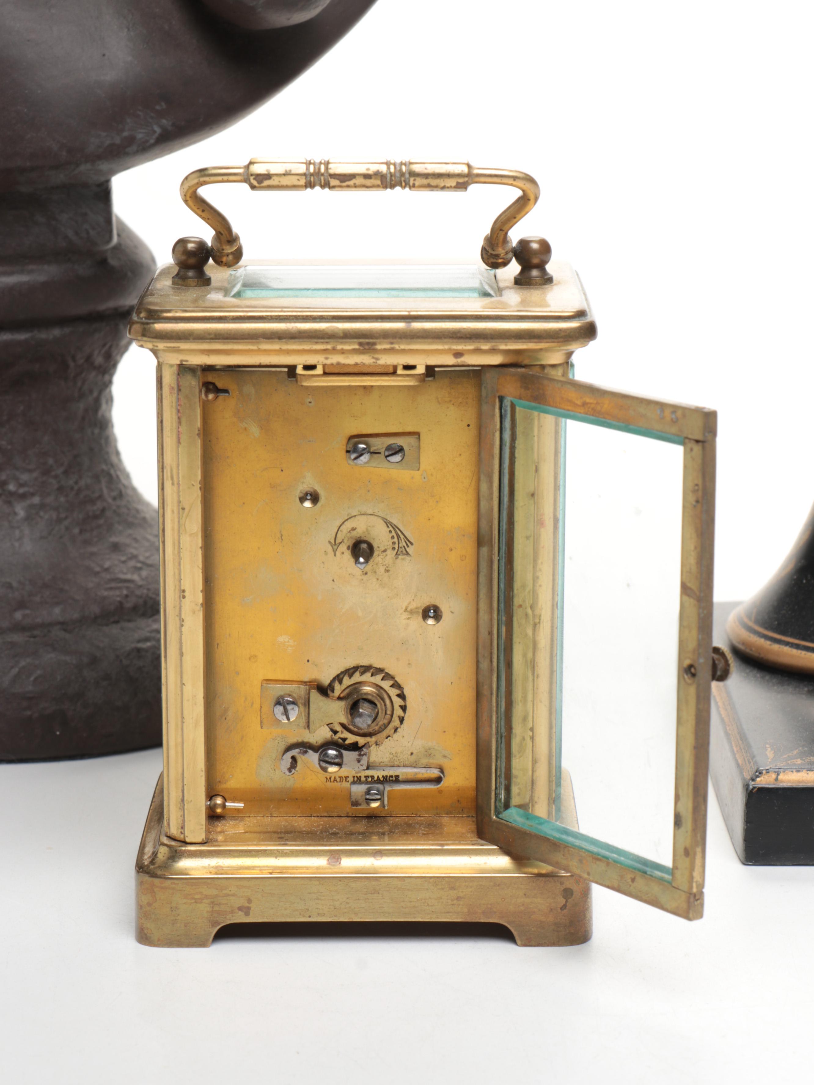 French Brass Carriage Clock with Toleware Table Lamp and Bust of David