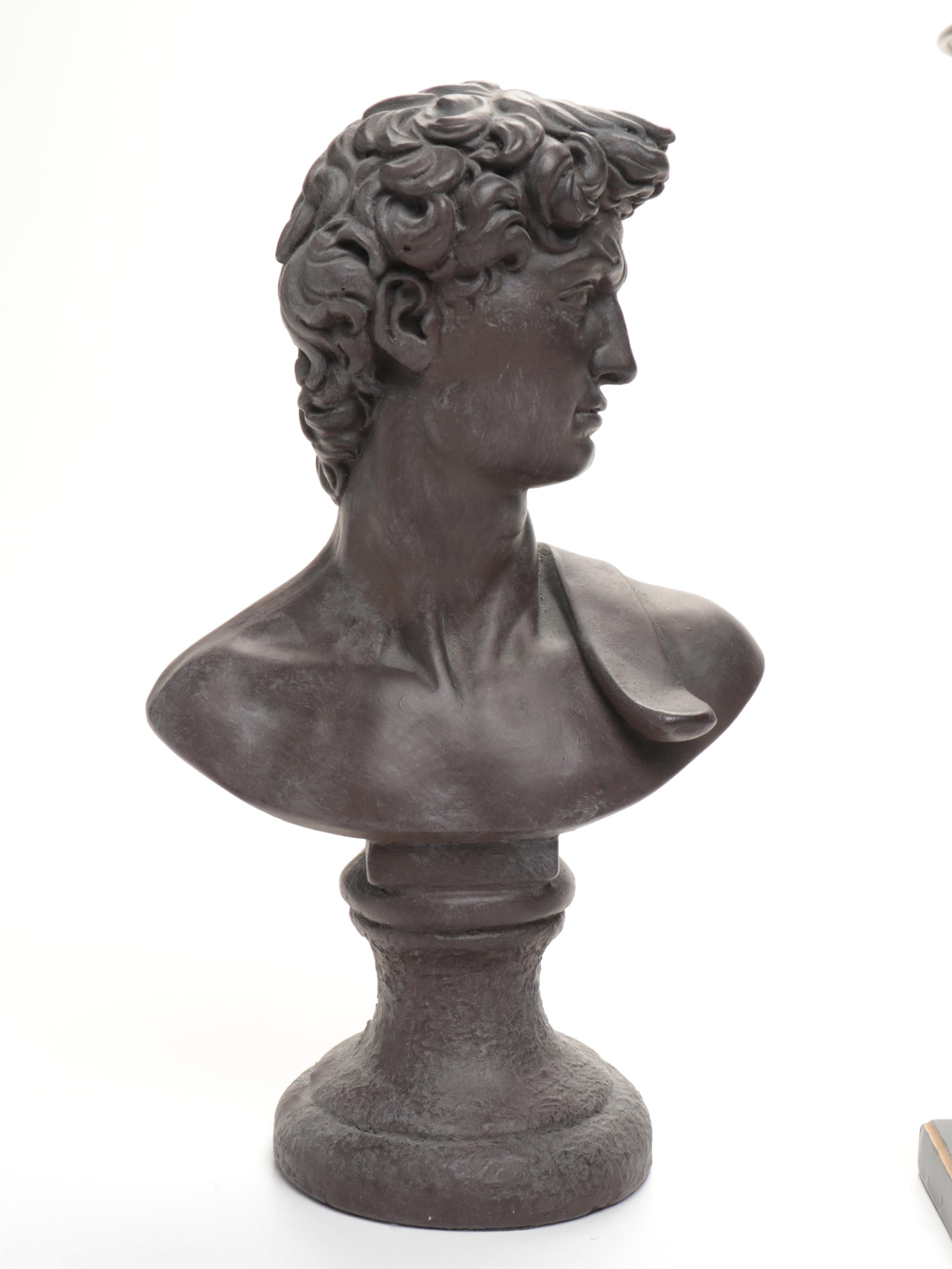 French Brass Carriage Clock with Toleware Table Lamp and Bust of David