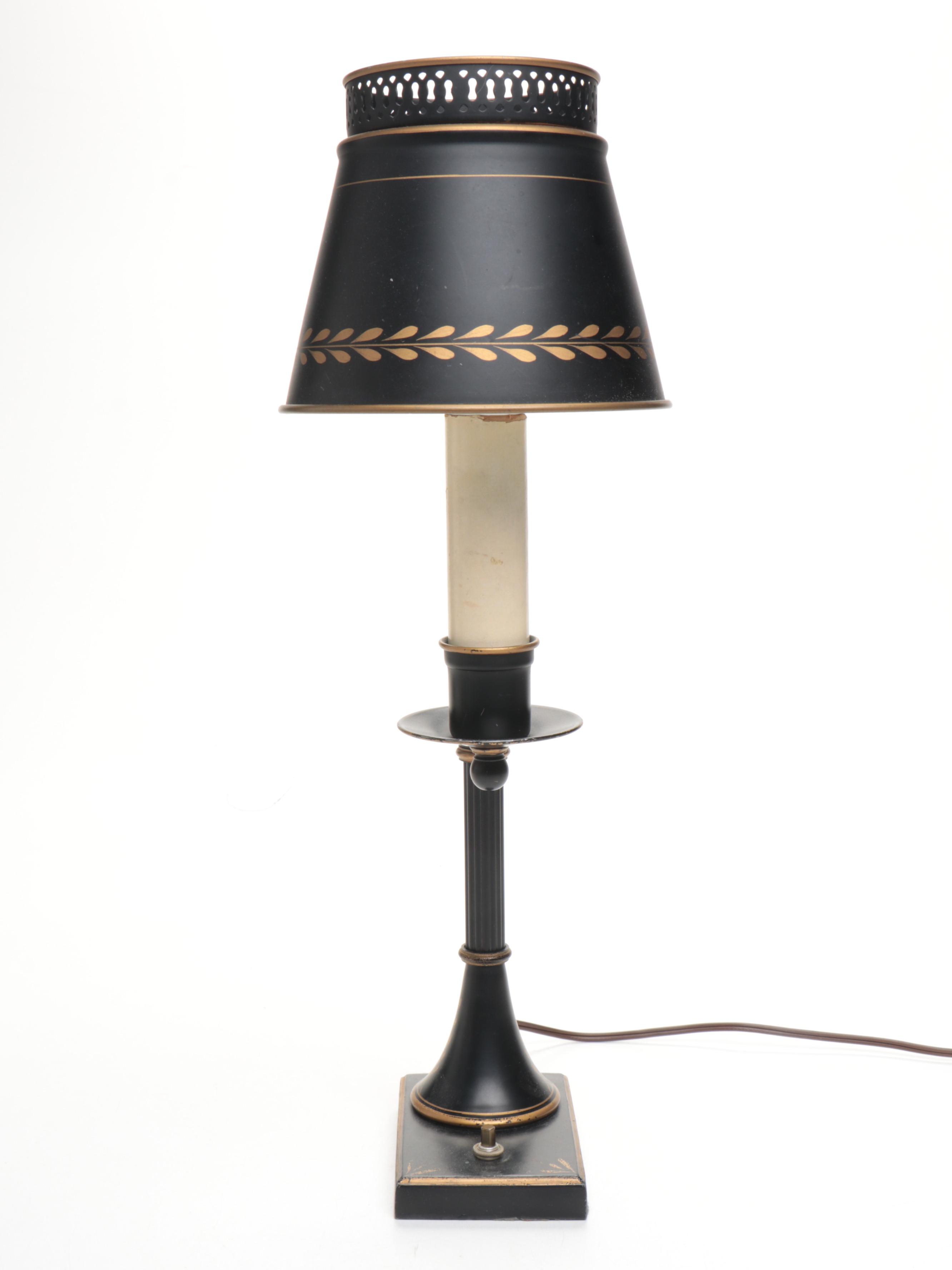 French Brass Carriage Clock with Toleware Table Lamp and Bust of David