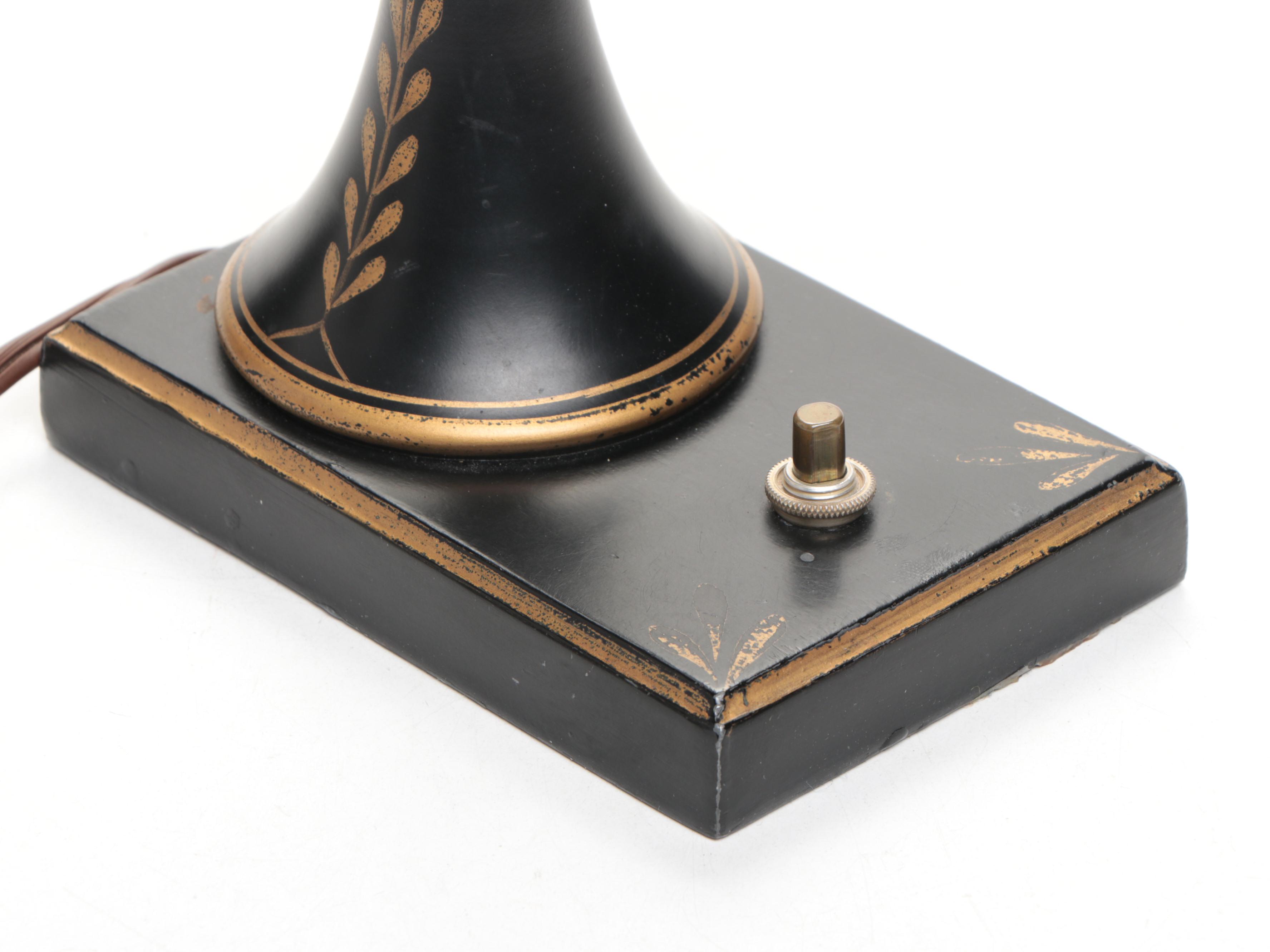 French Brass Carriage Clock with Toleware Table Lamp and Bust of David