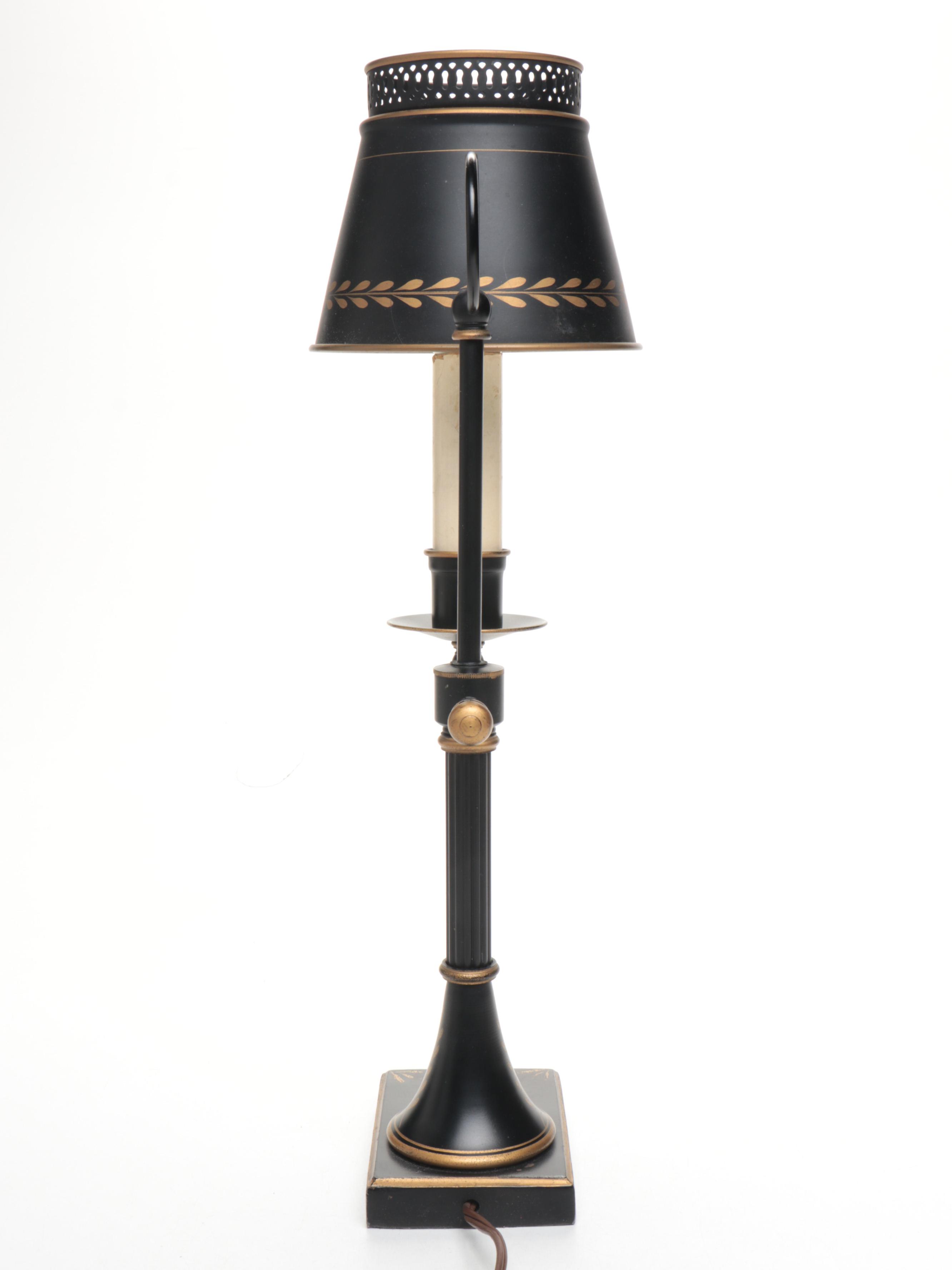 French Brass Carriage Clock with Toleware Table Lamp and Bust of David