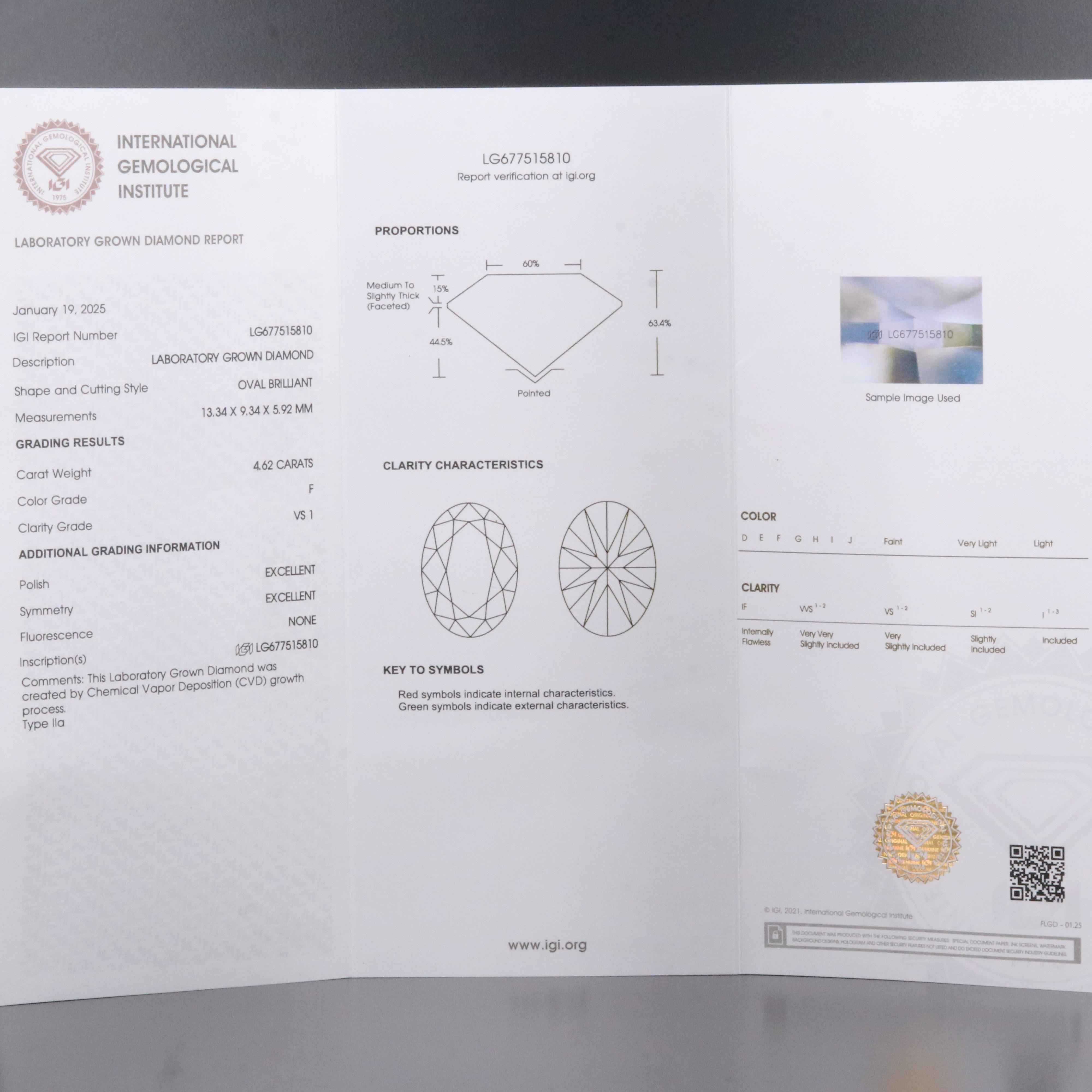 Platinum 4.62 CT Lab Grown Diamond Solitaire Ring with IGI Report