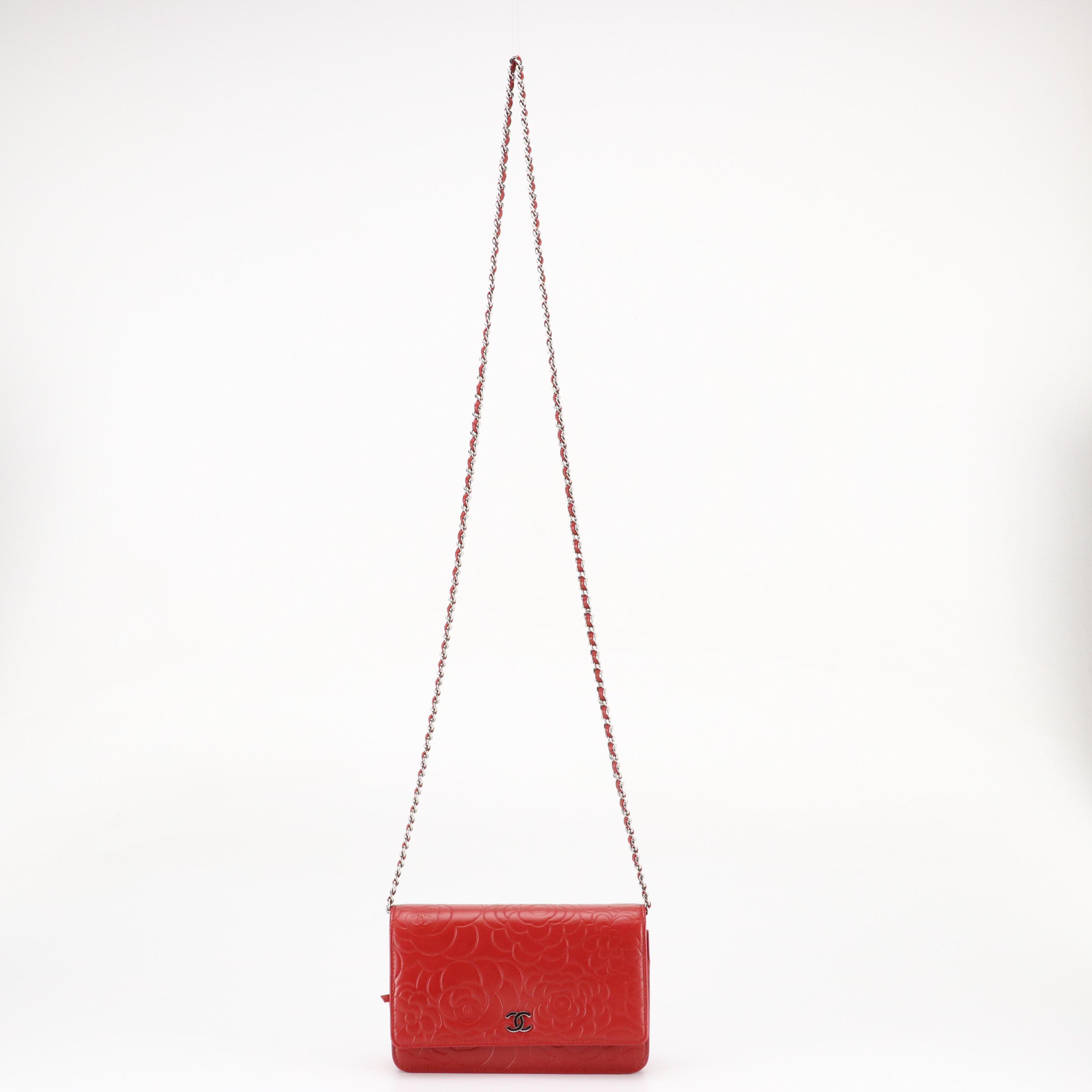 Chanel Camellia WOC Wallet on Chain Bag in Red Embossed Calfskin Leather