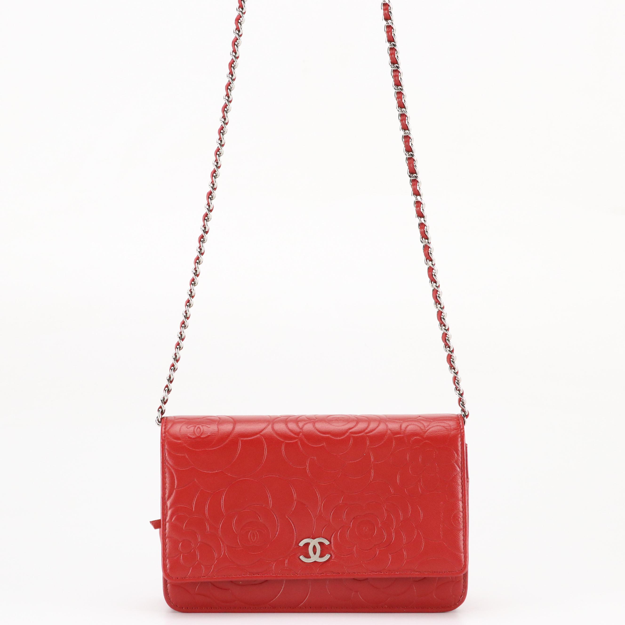 Chanel Camellia WOC Wallet on Chain Bag in Red Embossed Calfskin Leather