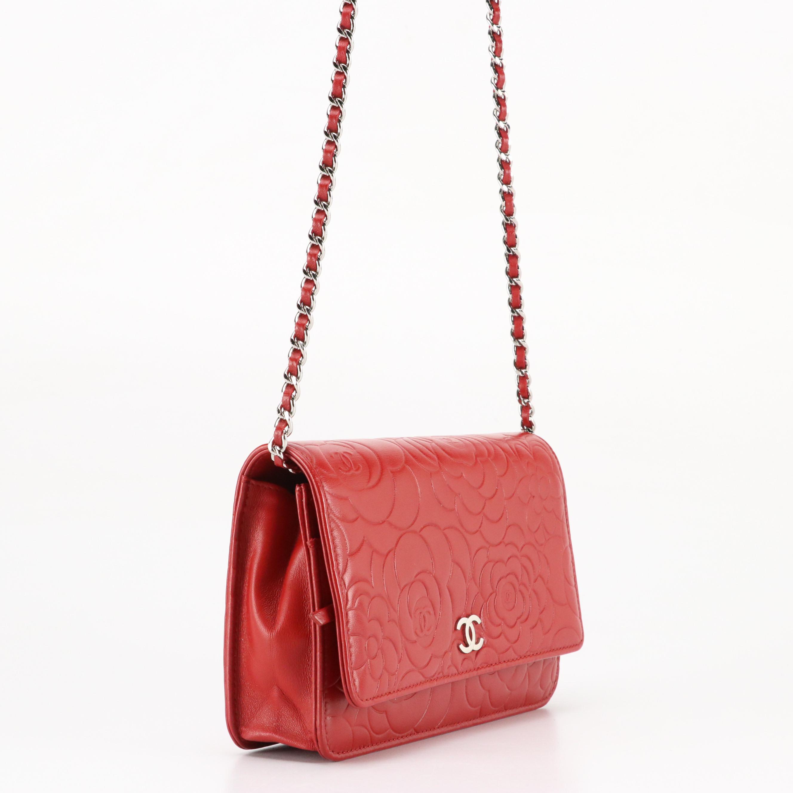 Chanel Camellia WOC Wallet on Chain Bag in Red Embossed Calfskin Leather