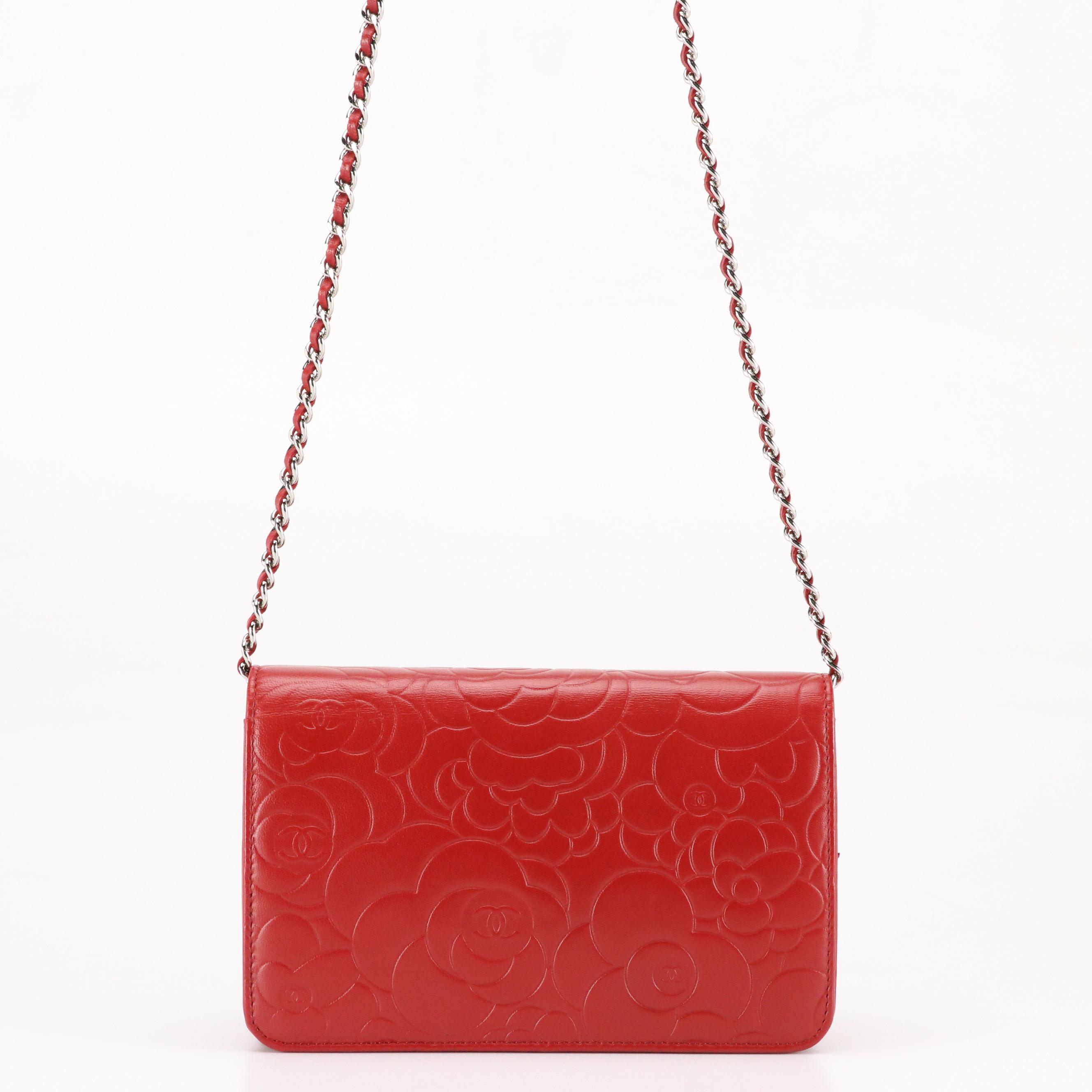 Chanel Camellia WOC Wallet on Chain Bag in Red Embossed Calfskin Leather
