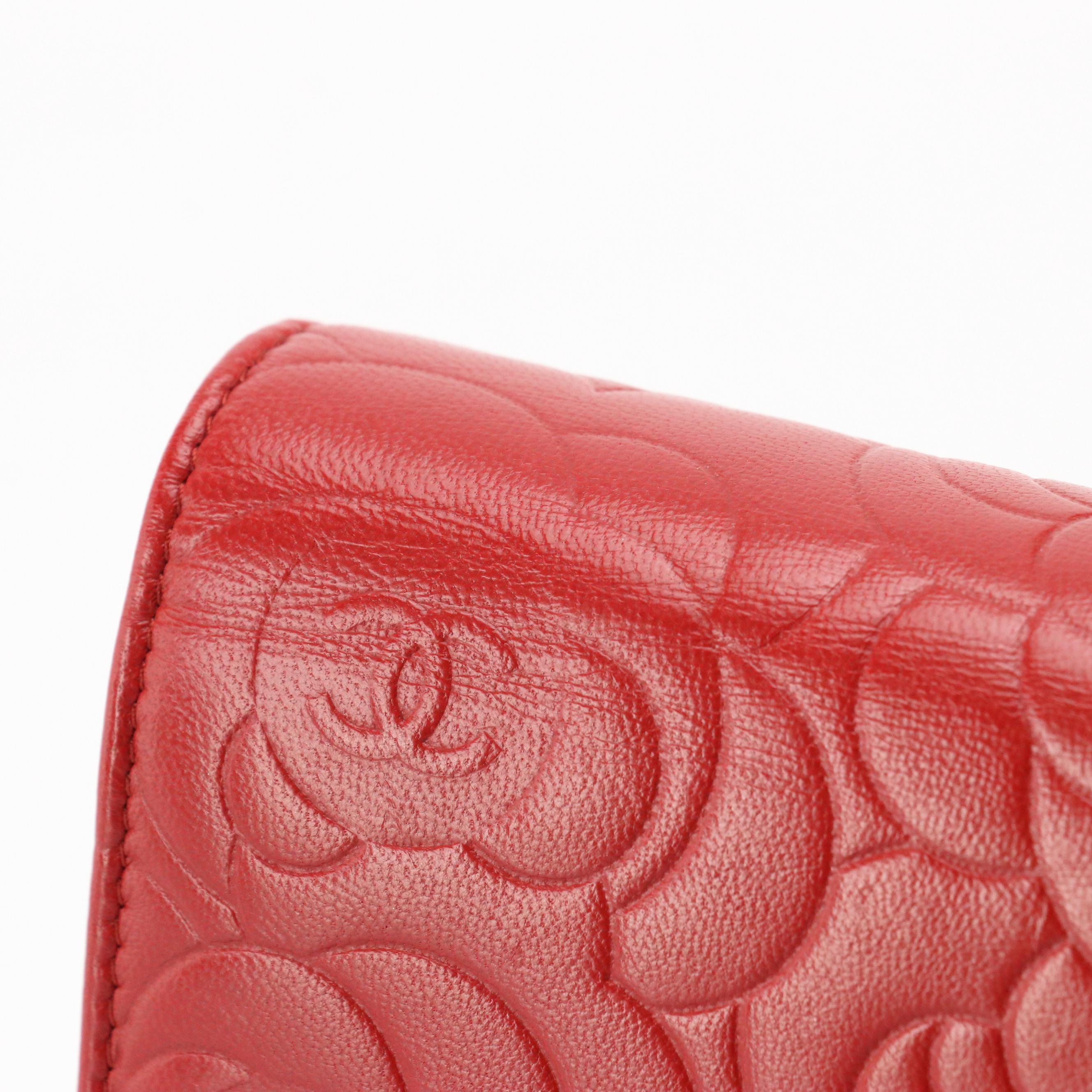 Chanel Camellia WOC Wallet on Chain Bag in Red Embossed Calfskin Leather