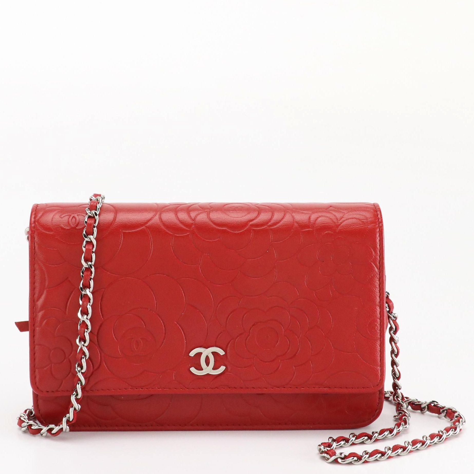Chanel Camellia WOC Wallet on Chain Bag in Red Embossed Calfskin Leather