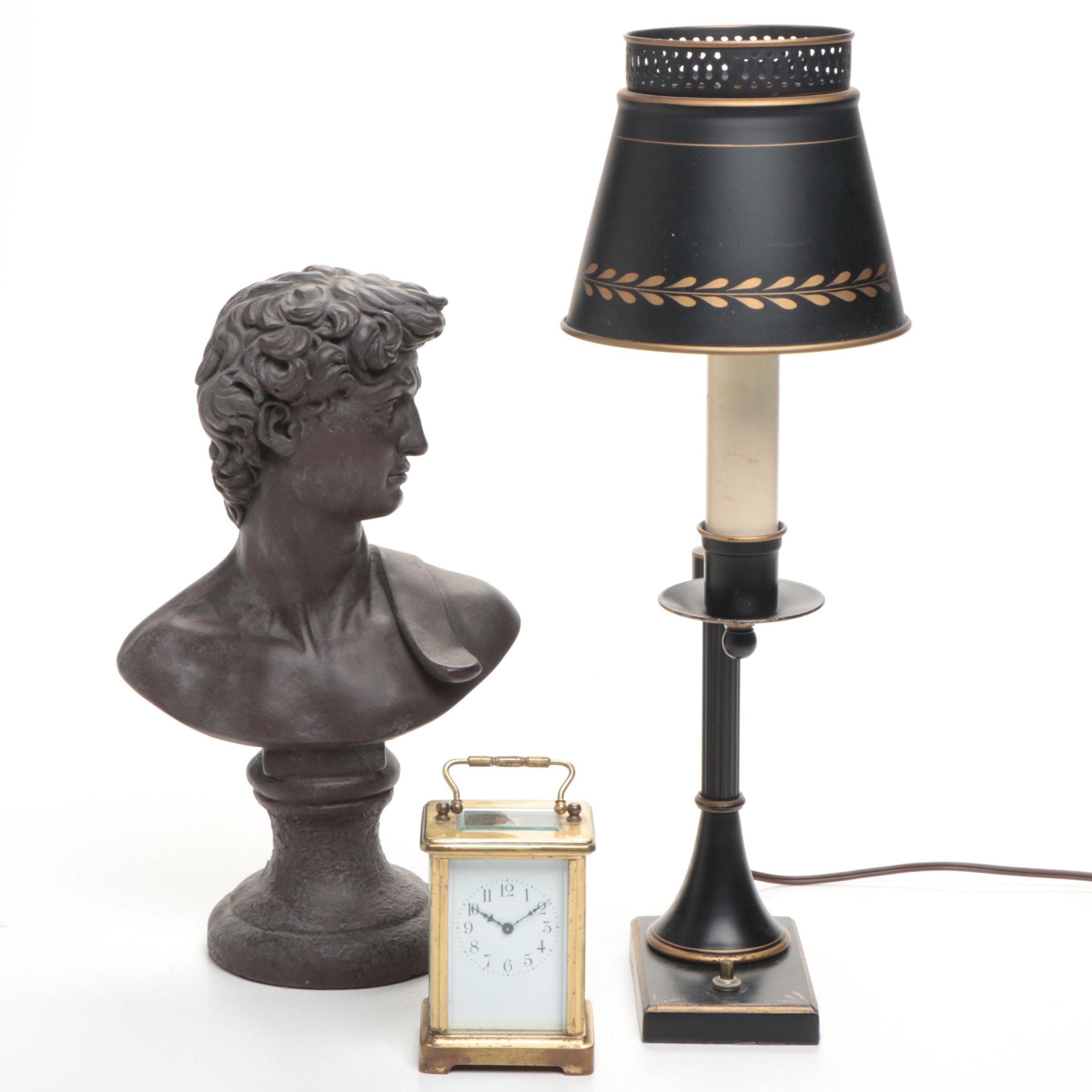 French Brass Carriage Clock with Toleware Table Lamp and Bust of David